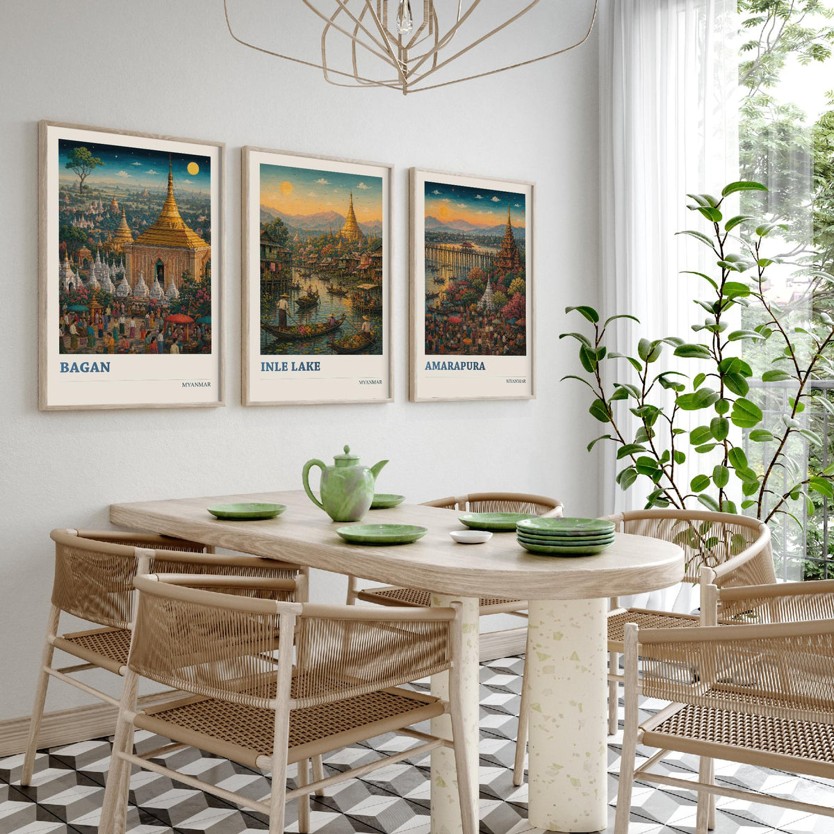 Set of Three Myanmar Burma Travel Posters - Bagan, Inle Lake, Amarapura - 3 Modern Art Prints - Painting Illustration Gift Map