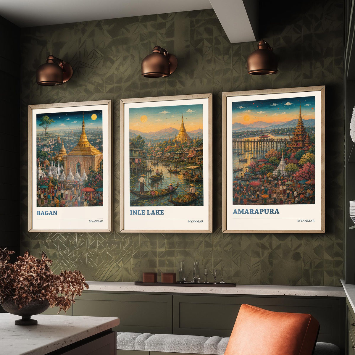 Set of Three Myanmar Burma Travel Posters - Bagan, Inle Lake, Amarapura - 3 Modern Art Prints - Painting Illustration Gift Map