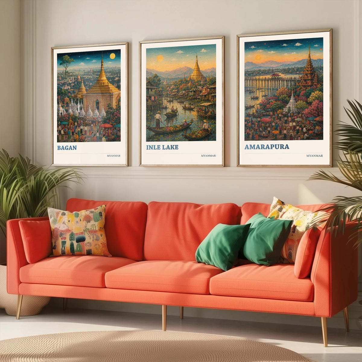 Set of Three Myanmar Burma Travel Posters - Bagan, Inle Lake, Amarapura - 3 Modern Art Prints - Painting Illustration Gift Map