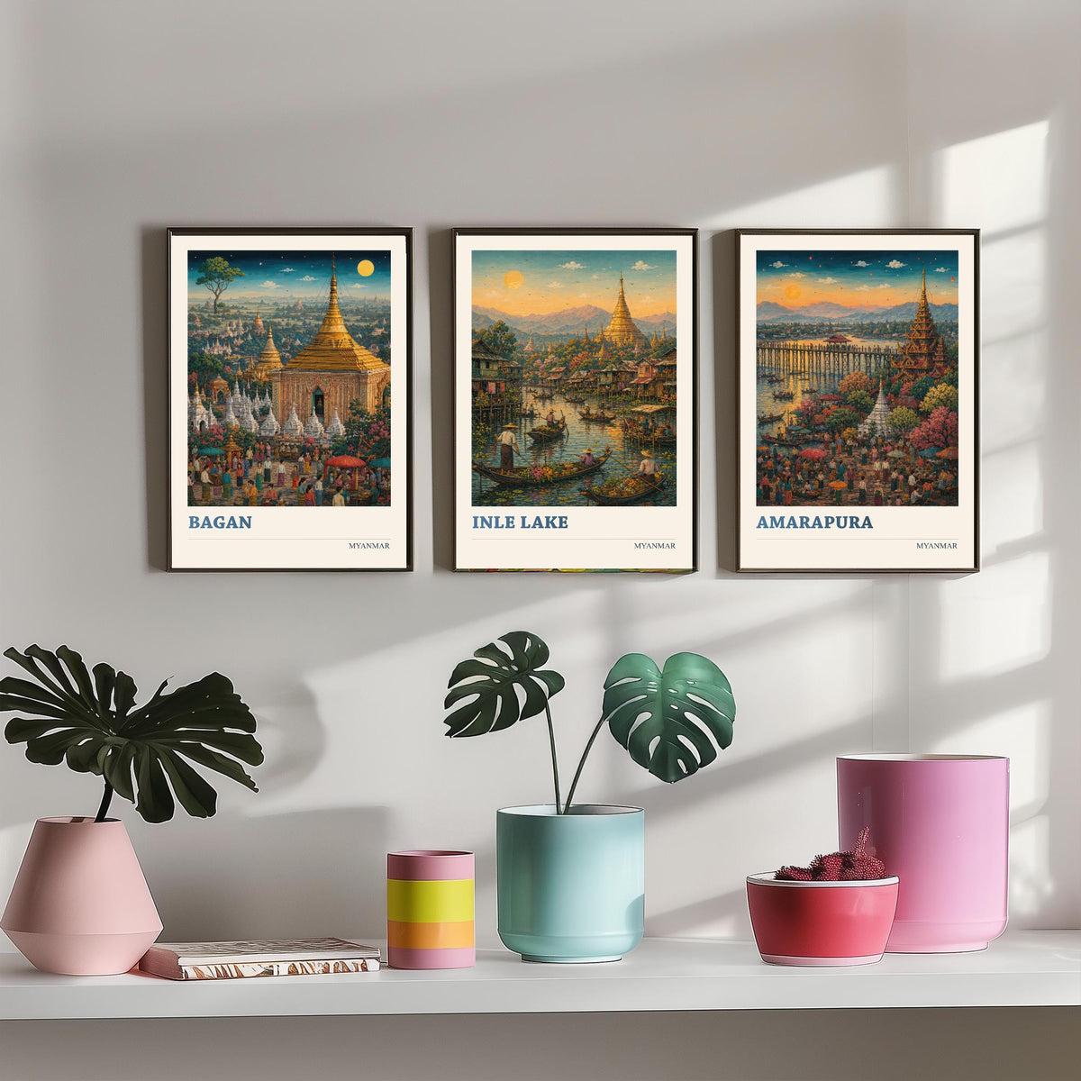 Set of Three Myanmar Burma Travel Posters - Bagan, Inle Lake, Amarapura - 3 Modern Art Prints - Painting Illustration Gift Map