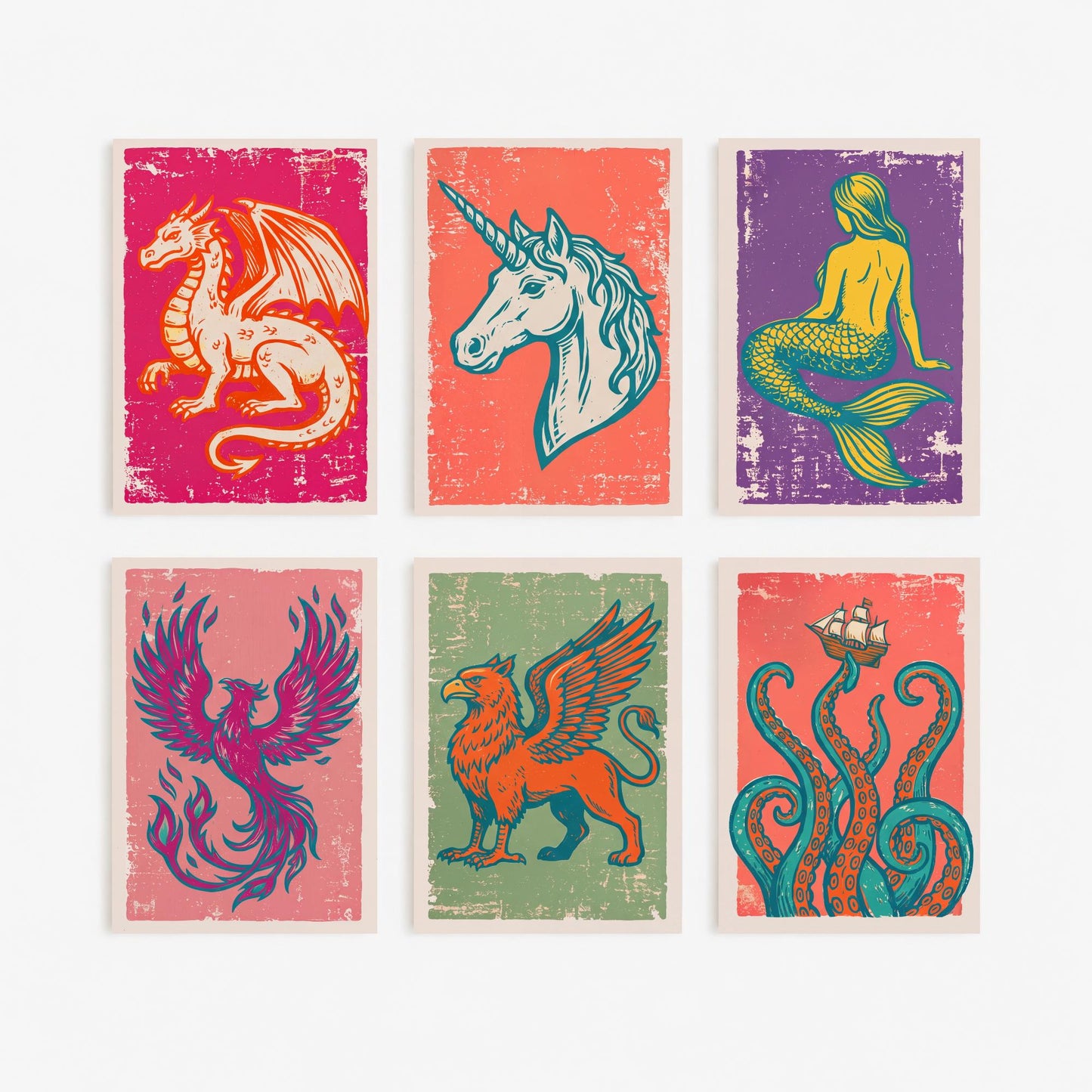 Set of Six Mythical Creatures Art Prints - 6 Linocut Illustrations - Dragon, Unicorn, Mermaid, Phoenix, Griffin, Kraken - Fantasy Posters