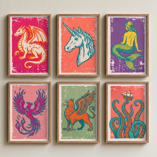 Set of Six Mythical Creatures Art Prints - 6 Linocut Illustrations - Dragon, Unicorn, Mermaid, Phoenix, Griffin, Kraken - Fantasy Posters