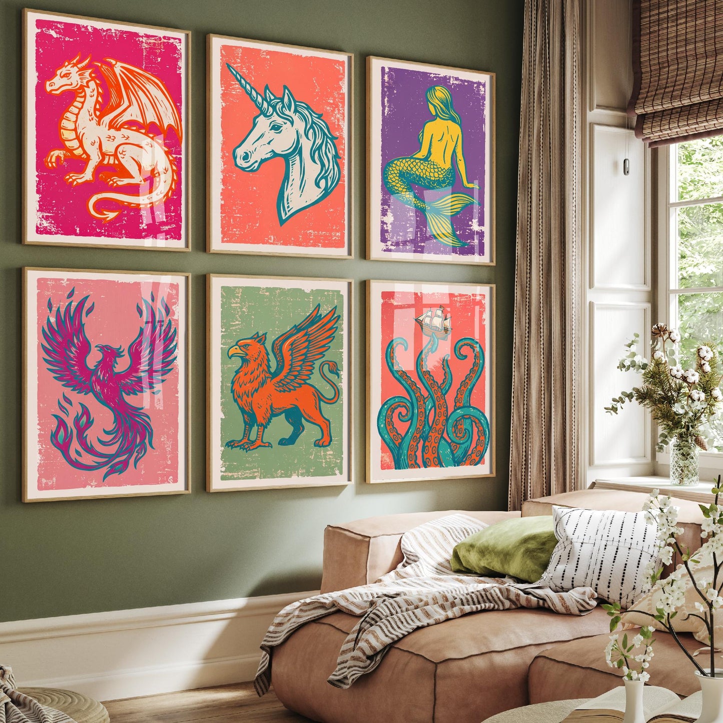 Set of Six Mythical Creatures Art Prints - 6 Linocut Illustrations - Dragon, Unicorn, Mermaid, Phoenix, Griffin, Kraken - Fantasy Posters