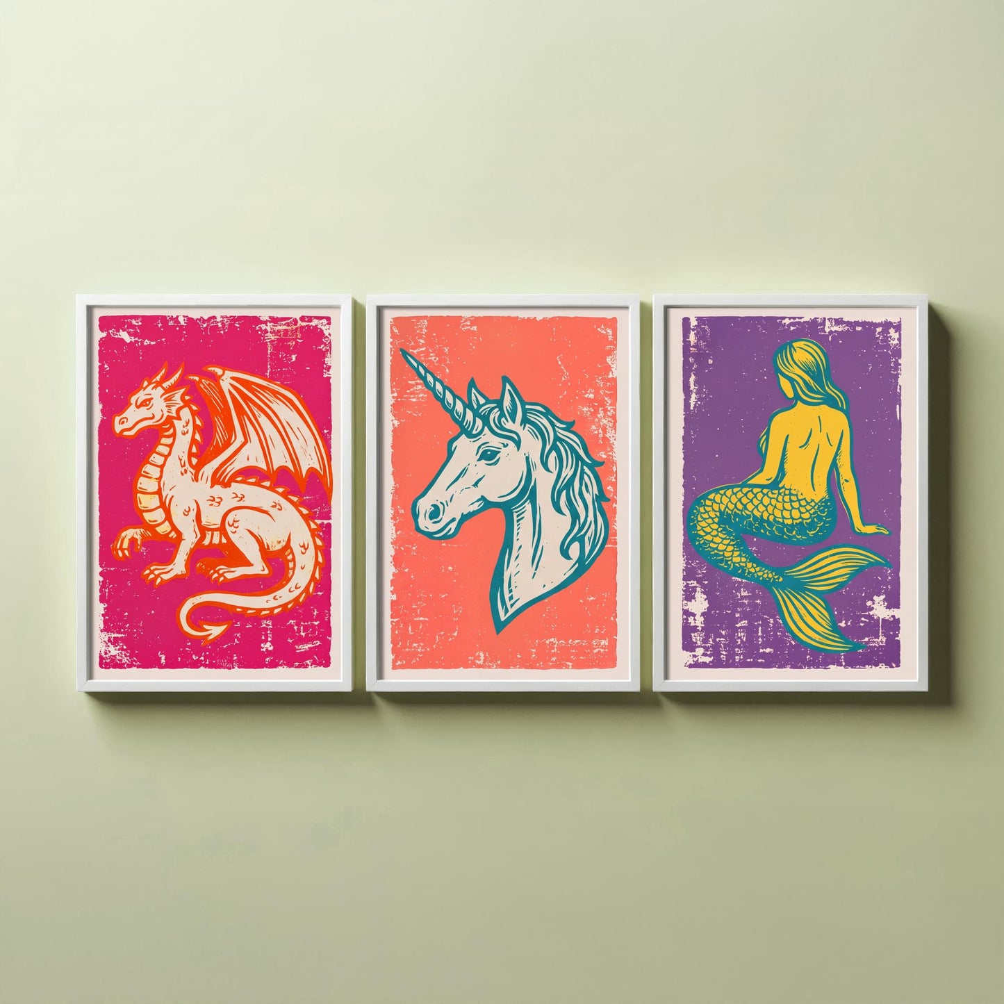 Set of Three Dragon, Unicorn and Mermaid Art Prints - Mythical Creatures Linocut Illustrations - Fantasy Posters V1