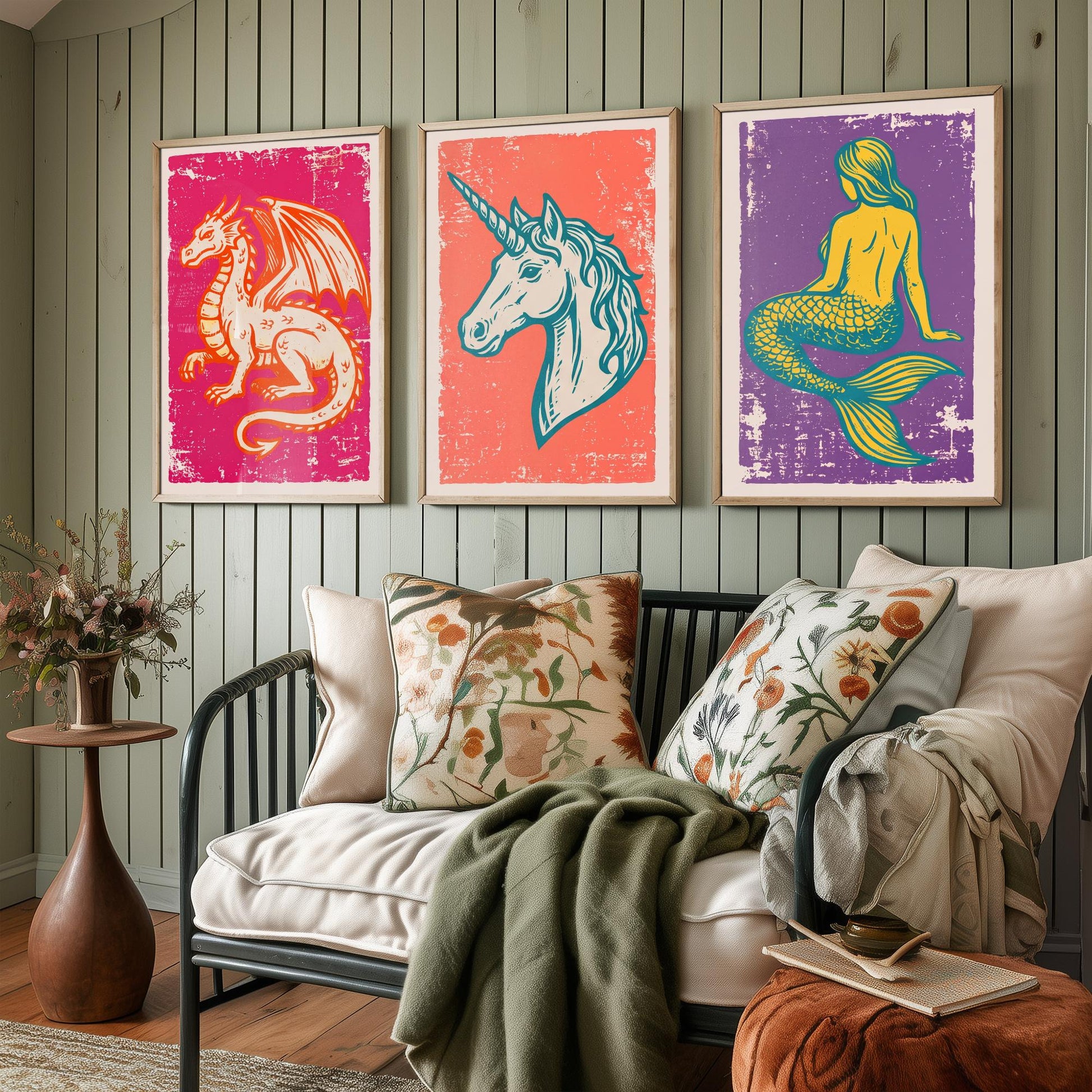 Set of Three Dragon, Unicorn and Mermaid Art Prints - Mythical Creatures Linocut Illustrations - Fantasy Posters V1