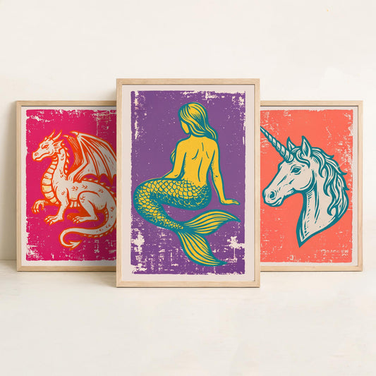 Set of Three Dragon, Unicorn and Mermaid Art Prints - Mythical Creatures Linocut Illustrations - Fantasy Posters V1