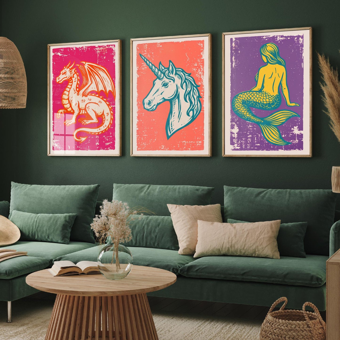 Set of Three Dragon, Unicorn and Mermaid Art Prints - Mythical Creatures Linocut Illustrations - Fantasy Posters V1