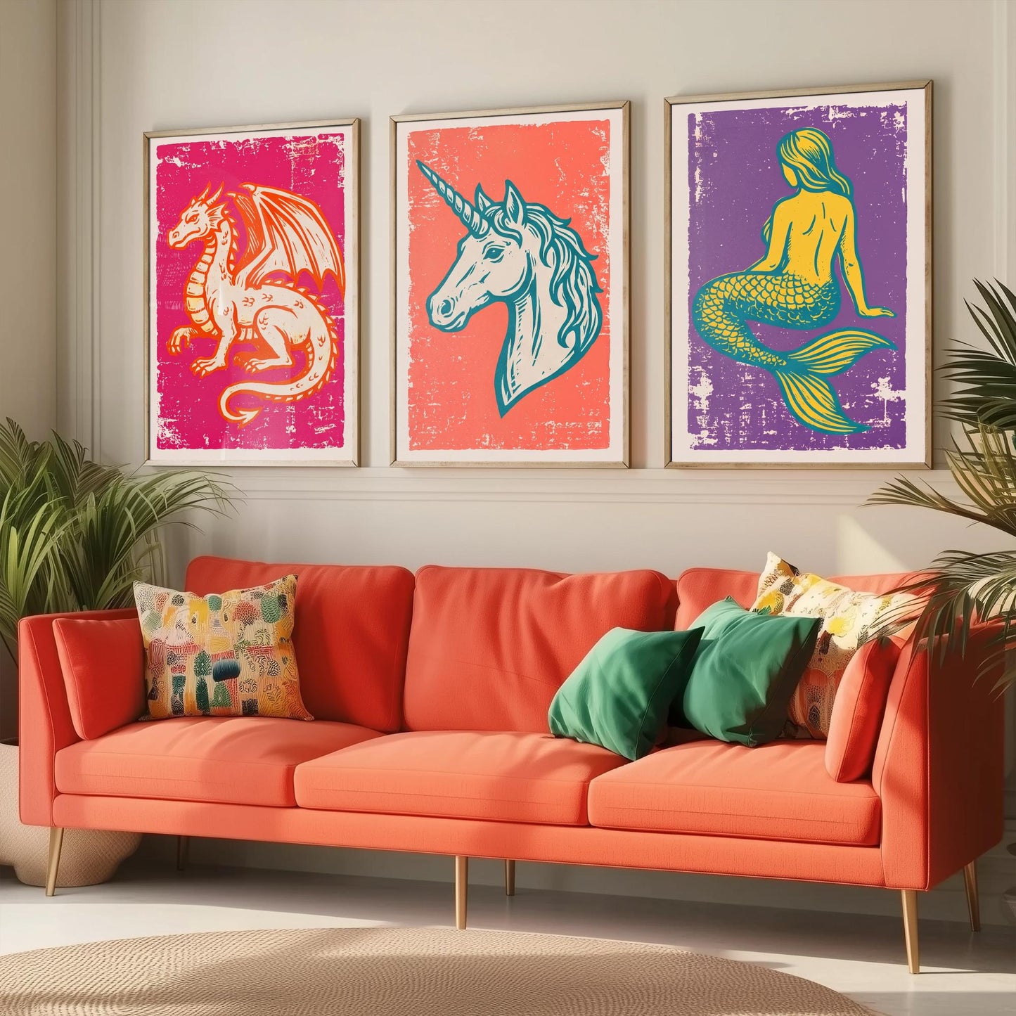 Set of Three Dragon, Unicorn and Mermaid Art Prints - Mythical Creatures Linocut Illustrations - Fantasy Posters V1