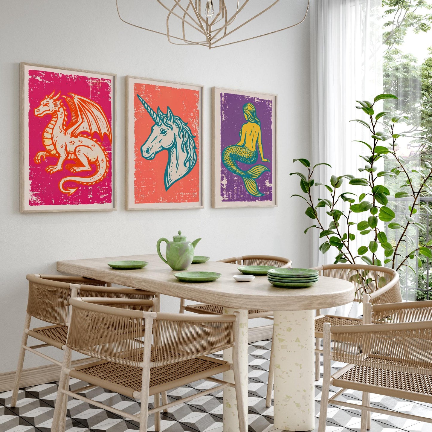 Set of Three Dragon, Unicorn and Mermaid Art Prints - Mythical Creatures Linocut Illustrations - Fantasy Posters V1