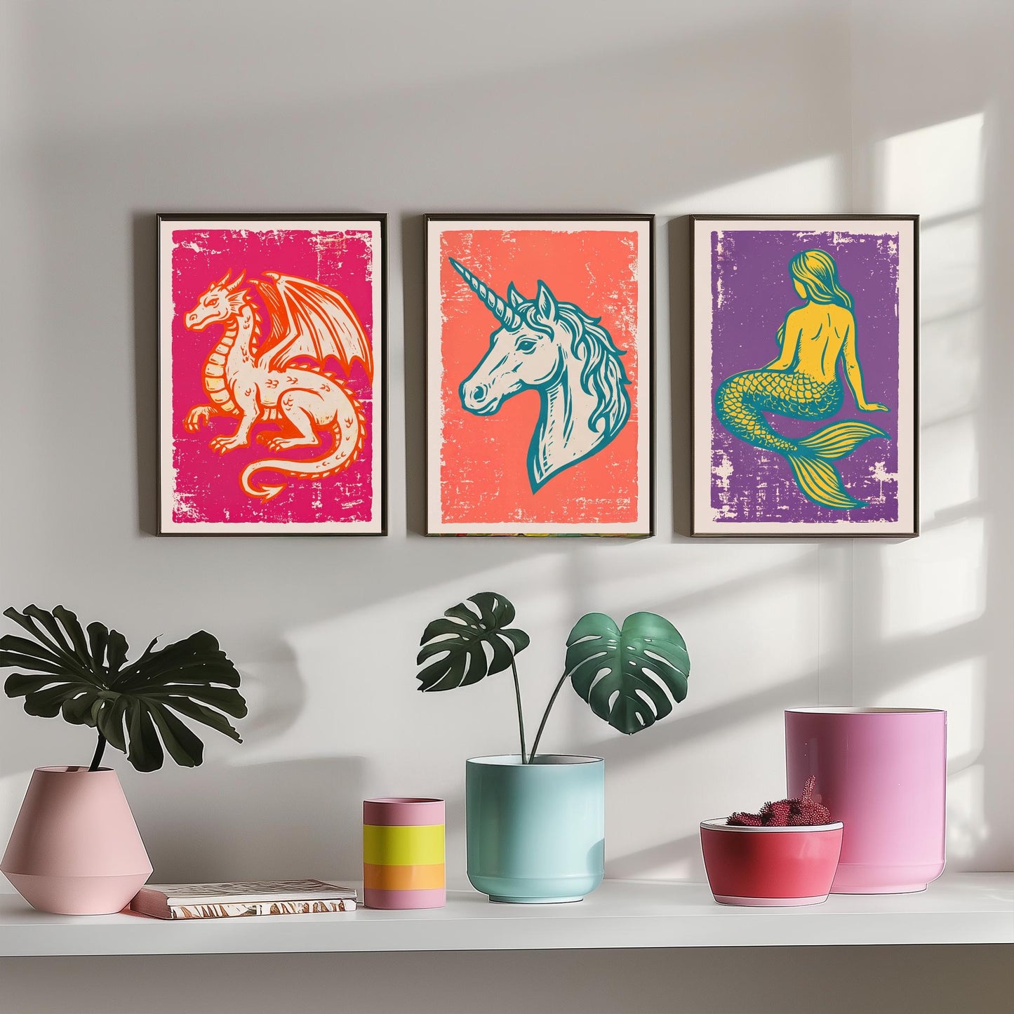 Set of Three Dragon, Unicorn and Mermaid Art Prints - Mythical Creatures Linocut Illustrations - Fantasy Posters V1