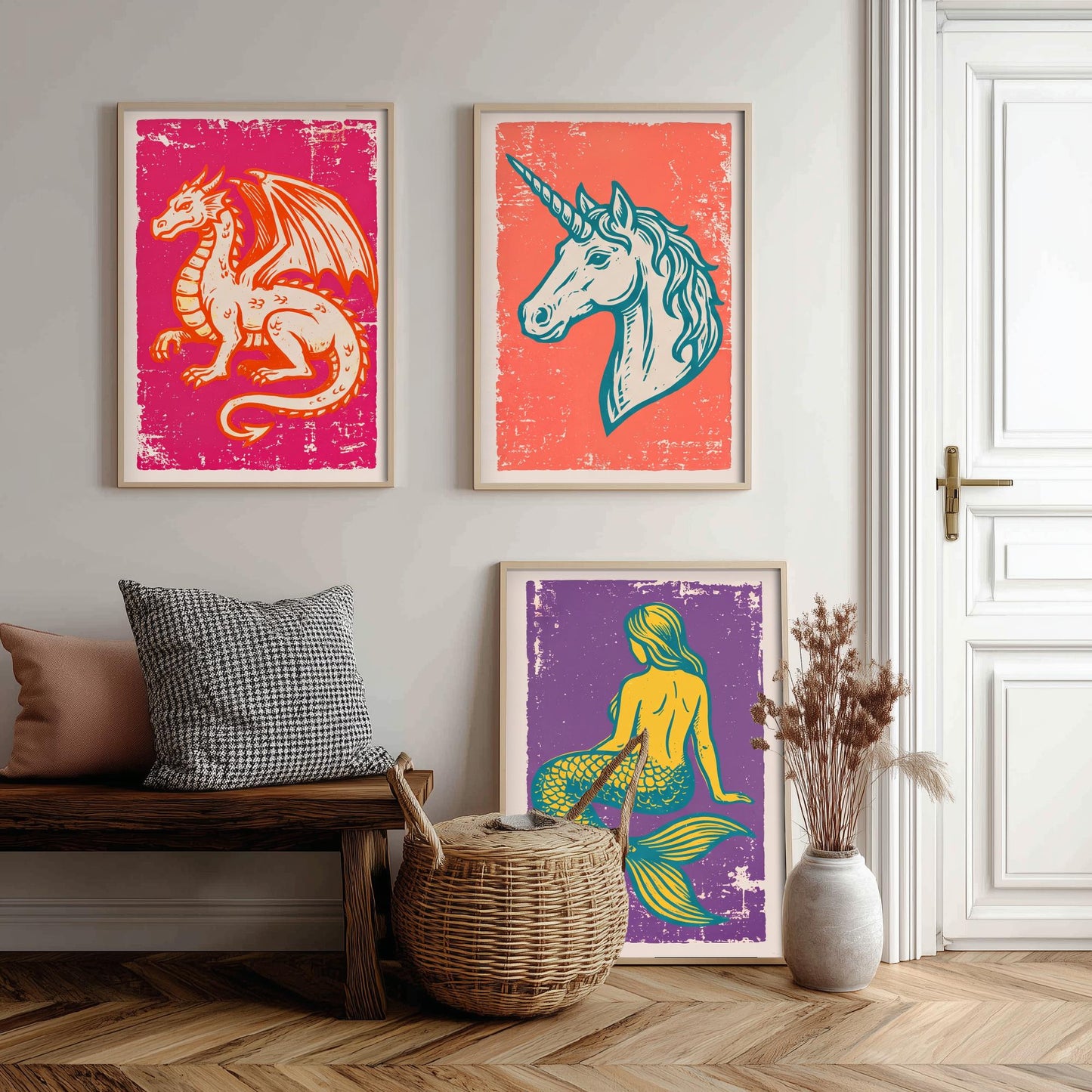 Set of Three Dragon, Unicorn and Mermaid Art Prints - Mythical Creatures Linocut Illustrations - Fantasy Posters V1