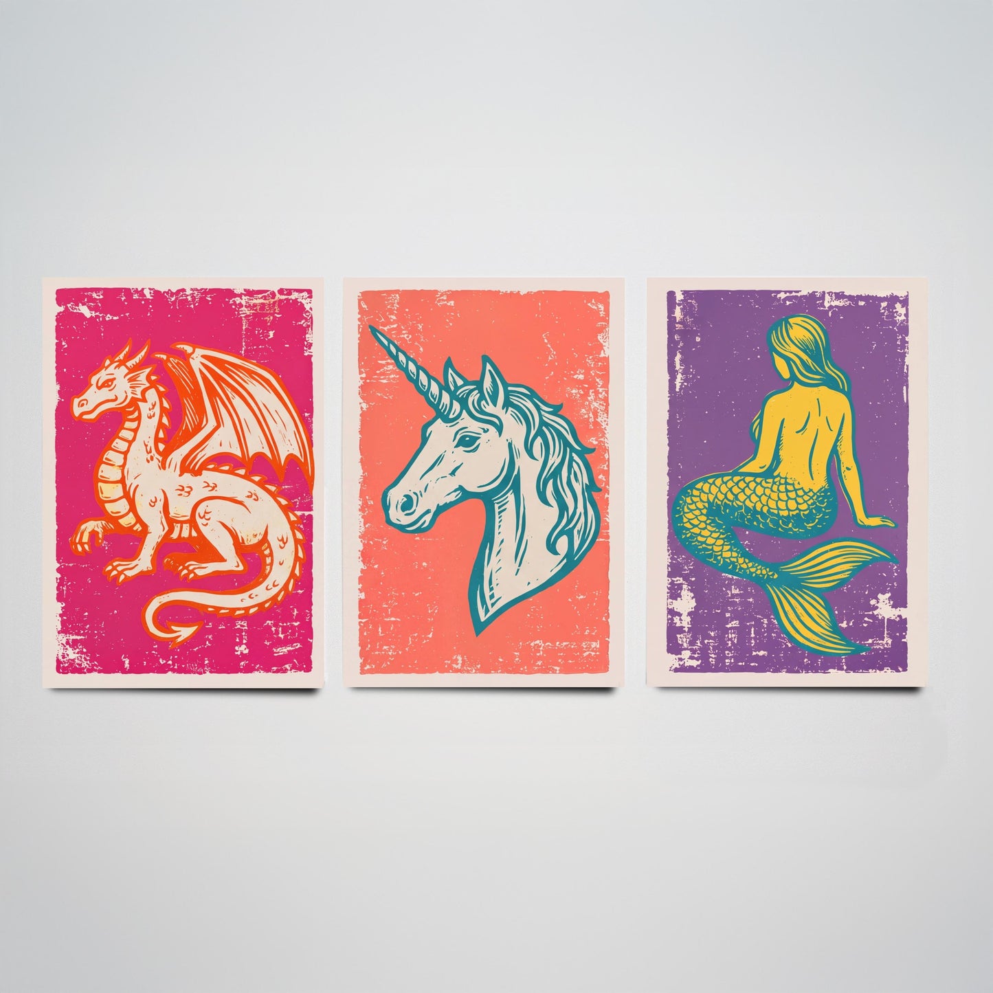 Set of Three Dragon, Unicorn and Mermaid Art Prints - Mythical Creatures Linocut Illustrations - Fantasy Posters V1