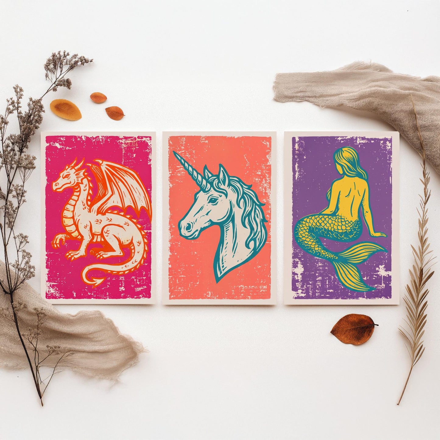 Set of Three Dragon, Unicorn and Mermaid Art Prints - Mythical Creatures Linocut Illustrations - Fantasy Posters V1
