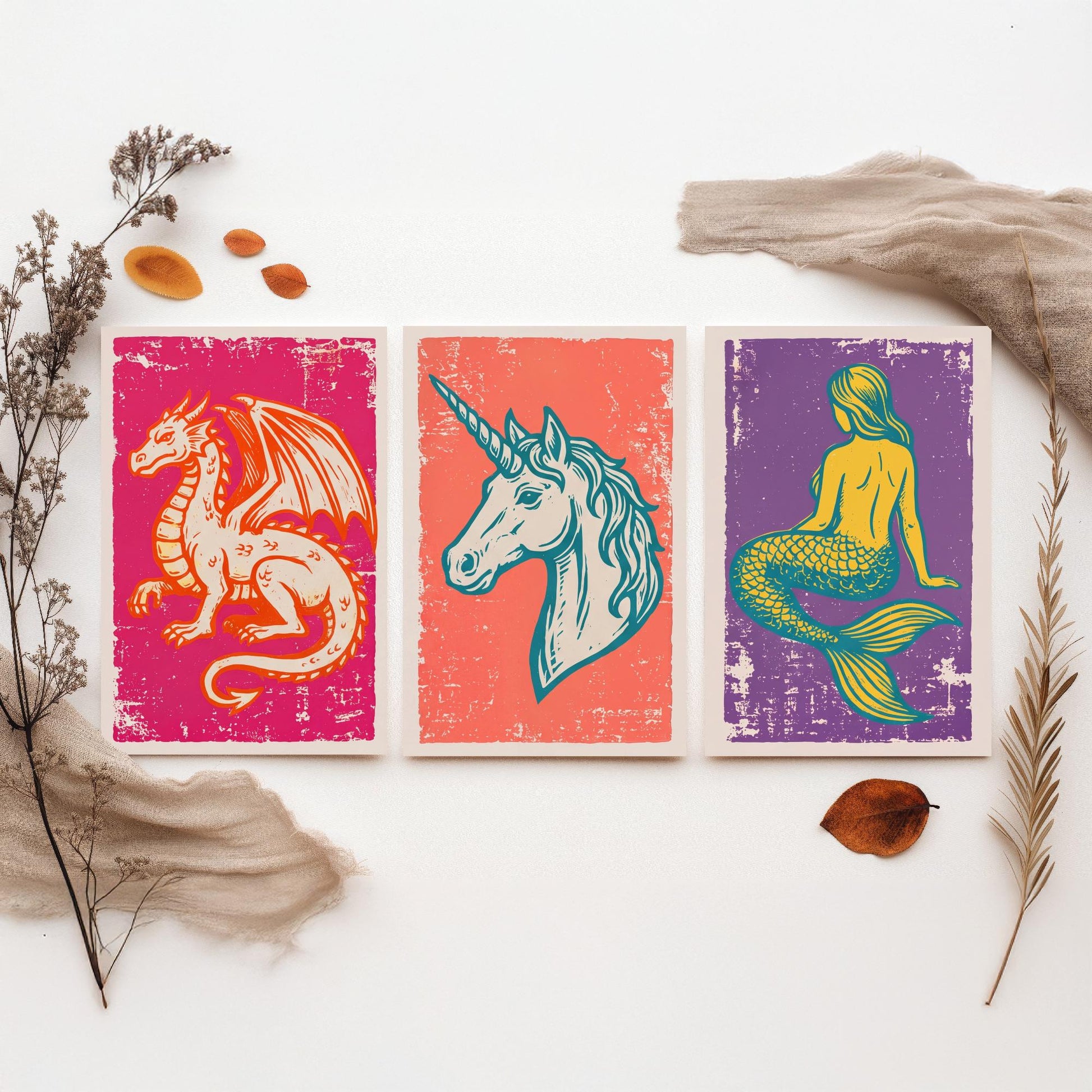 Set of Three Dragon, Unicorn and Mermaid Art Prints - Mythical Creatures Linocut Illustrations - Fantasy Posters V1
