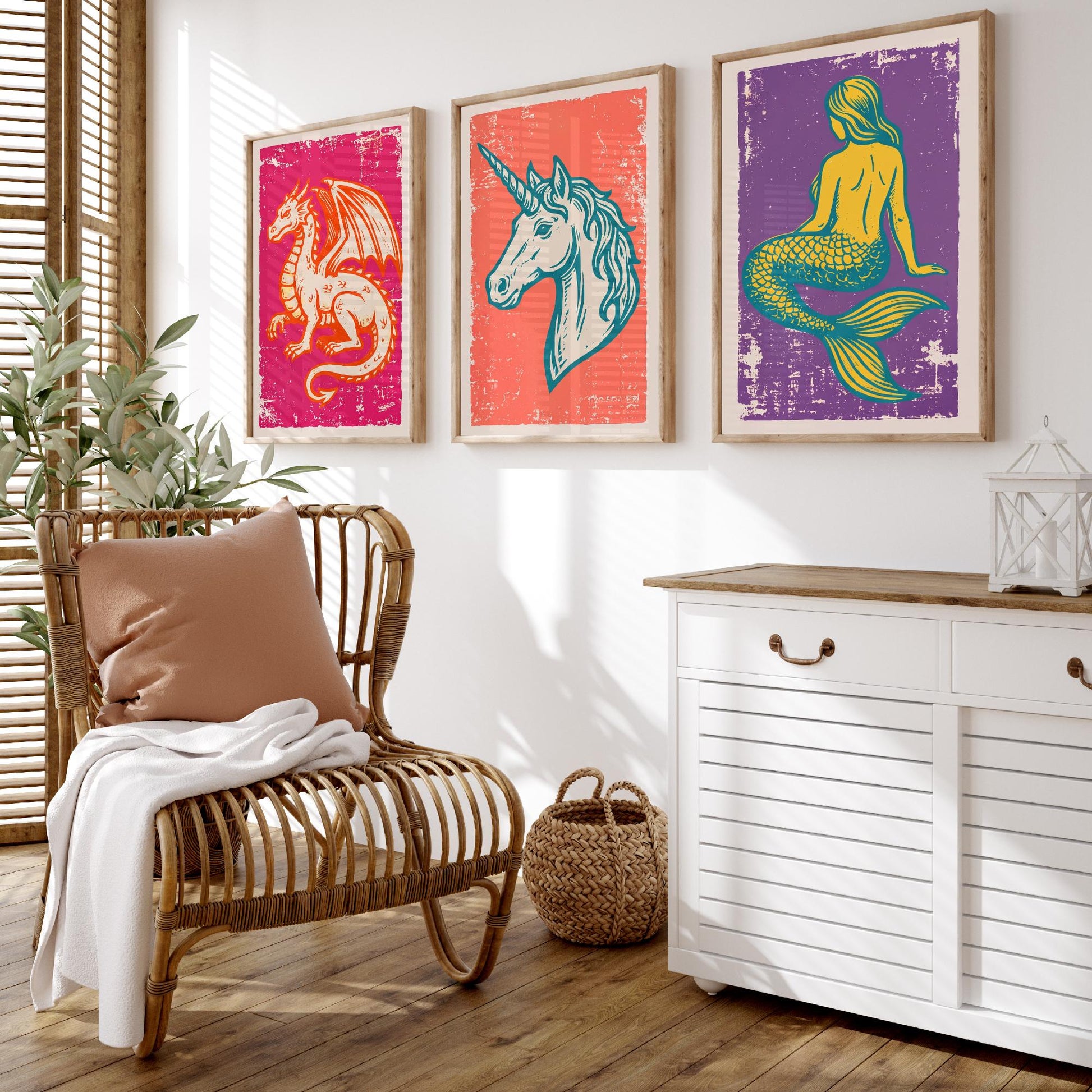 Set of Three Dragon, Unicorn and Mermaid Art Prints - Mythical Creatures Linocut Illustrations - Fantasy Posters V1