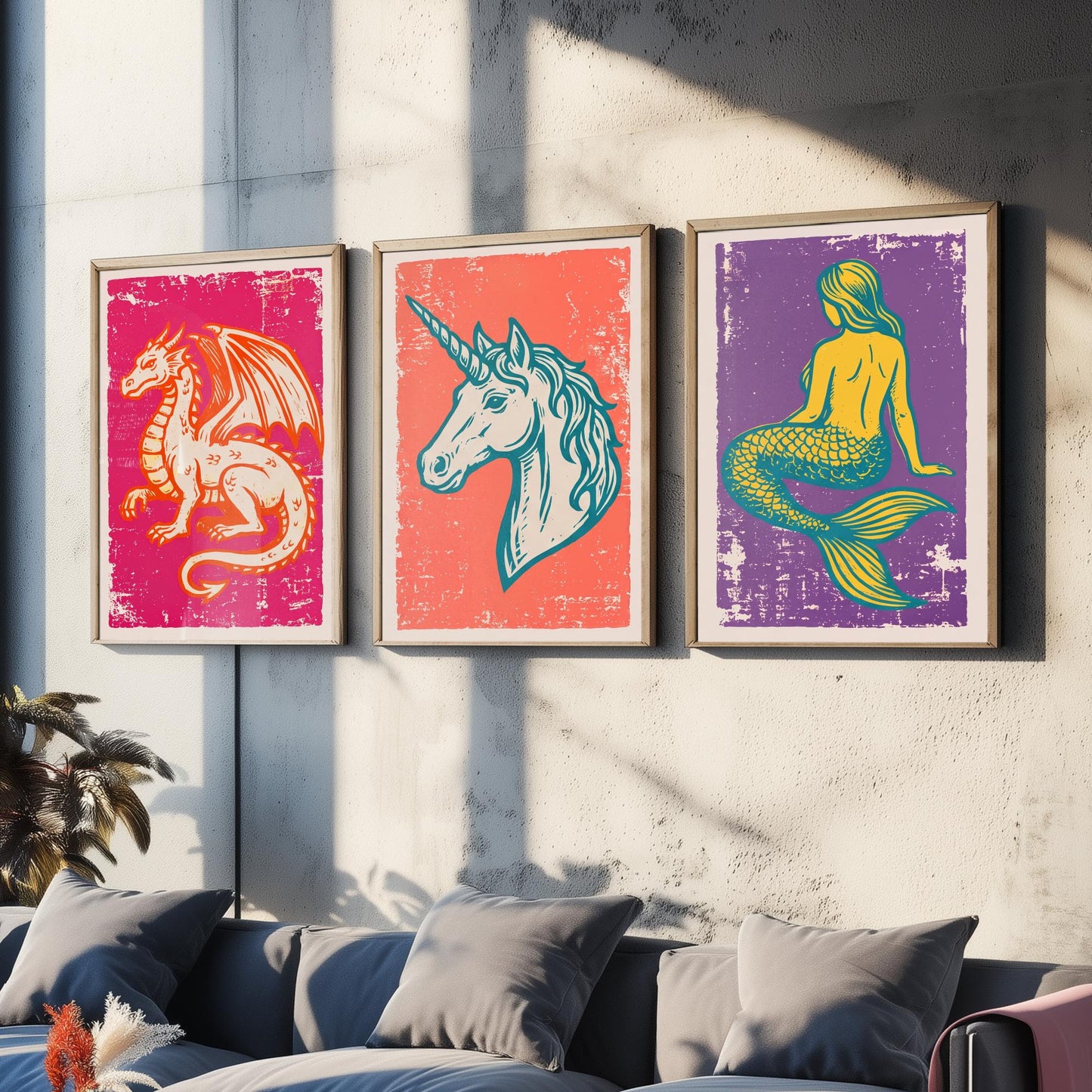 Set of Three Dragon, Unicorn and Mermaid Art Prints - Mythical Creatures Linocut Illustrations - Fantasy Posters V1