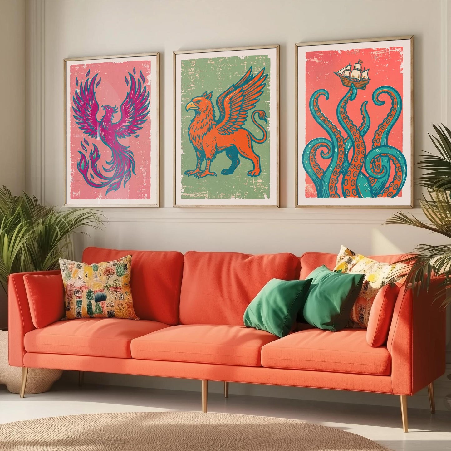 Set of Three Phoenix, Griffin and Kraken Art Prints - Mythical Creatures Linocut Illustrations - Legendary Beast Posters V2