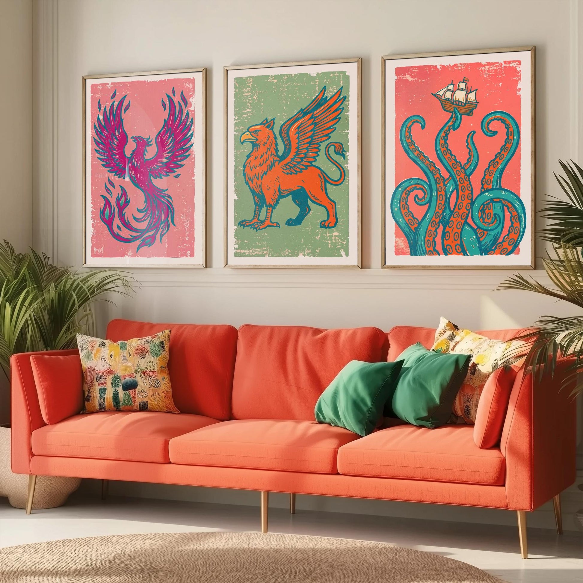 Set of Three Phoenix, Griffin and Kraken Art Prints - Mythical Creatures Linocut Illustrations - Legendary Beast Posters V2