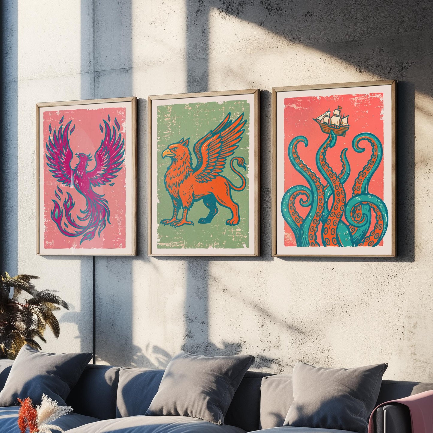 Set of Three Phoenix, Griffin and Kraken Art Prints - Mythical Creatures Linocut Illustrations - Legendary Beast Posters V2