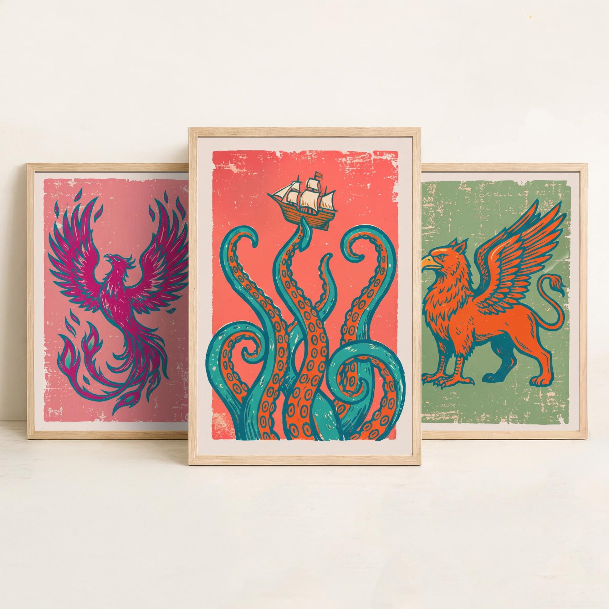 Set of Three Phoenix, Griffin and Kraken Art Prints - Mythical Creatures Linocut Illustrations - Legendary Beast Posters V2