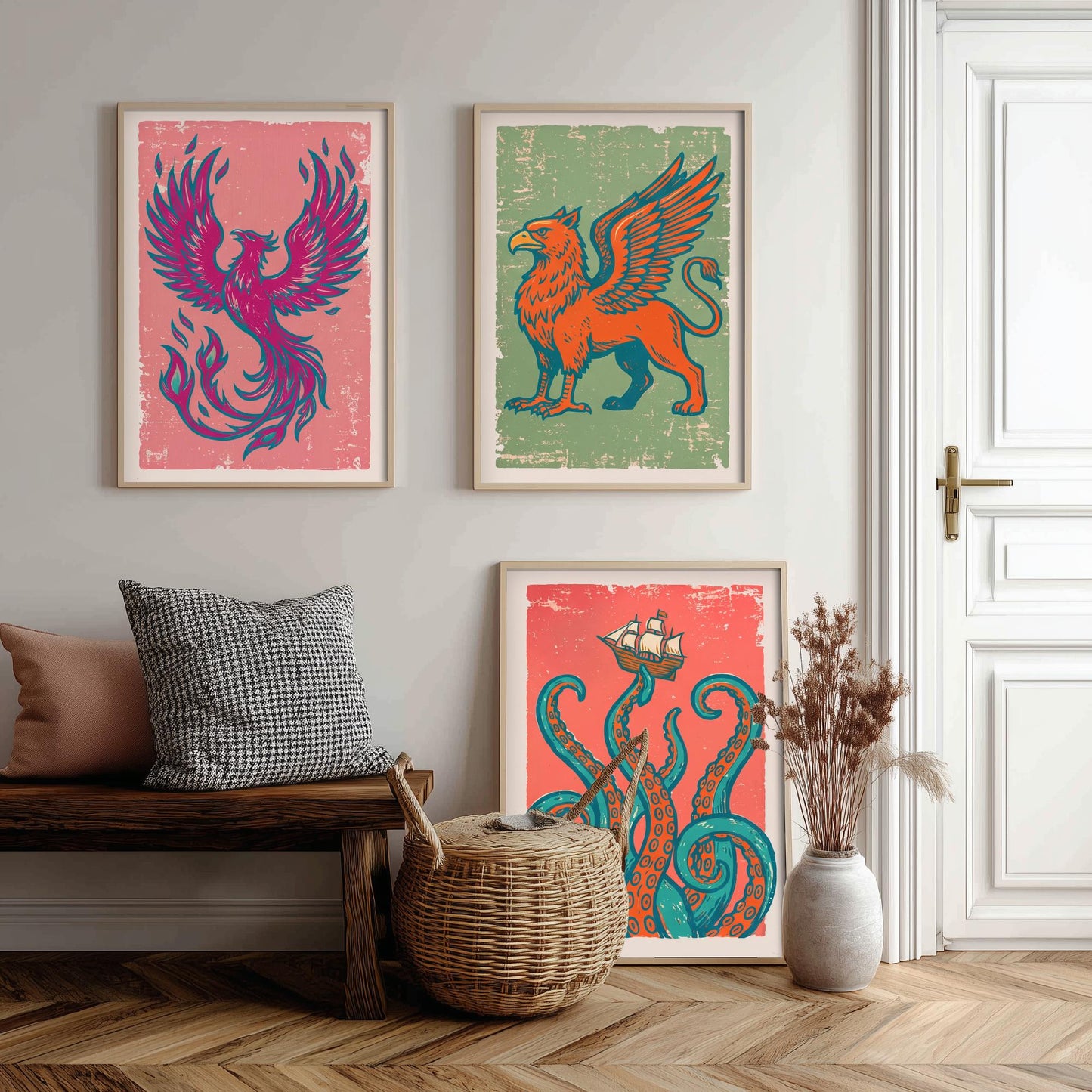 Set of Three Phoenix, Griffin and Kraken Art Prints - Mythical Creatures Linocut Illustrations - Legendary Beast Posters V2