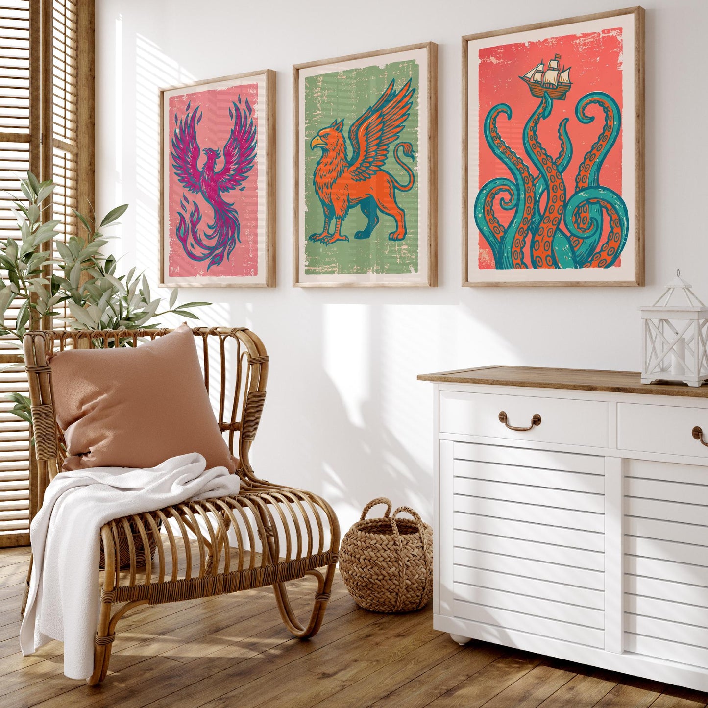 Set of Three Phoenix, Griffin and Kraken Art Prints - Mythical Creatures Linocut Illustrations - Legendary Beast Posters V2