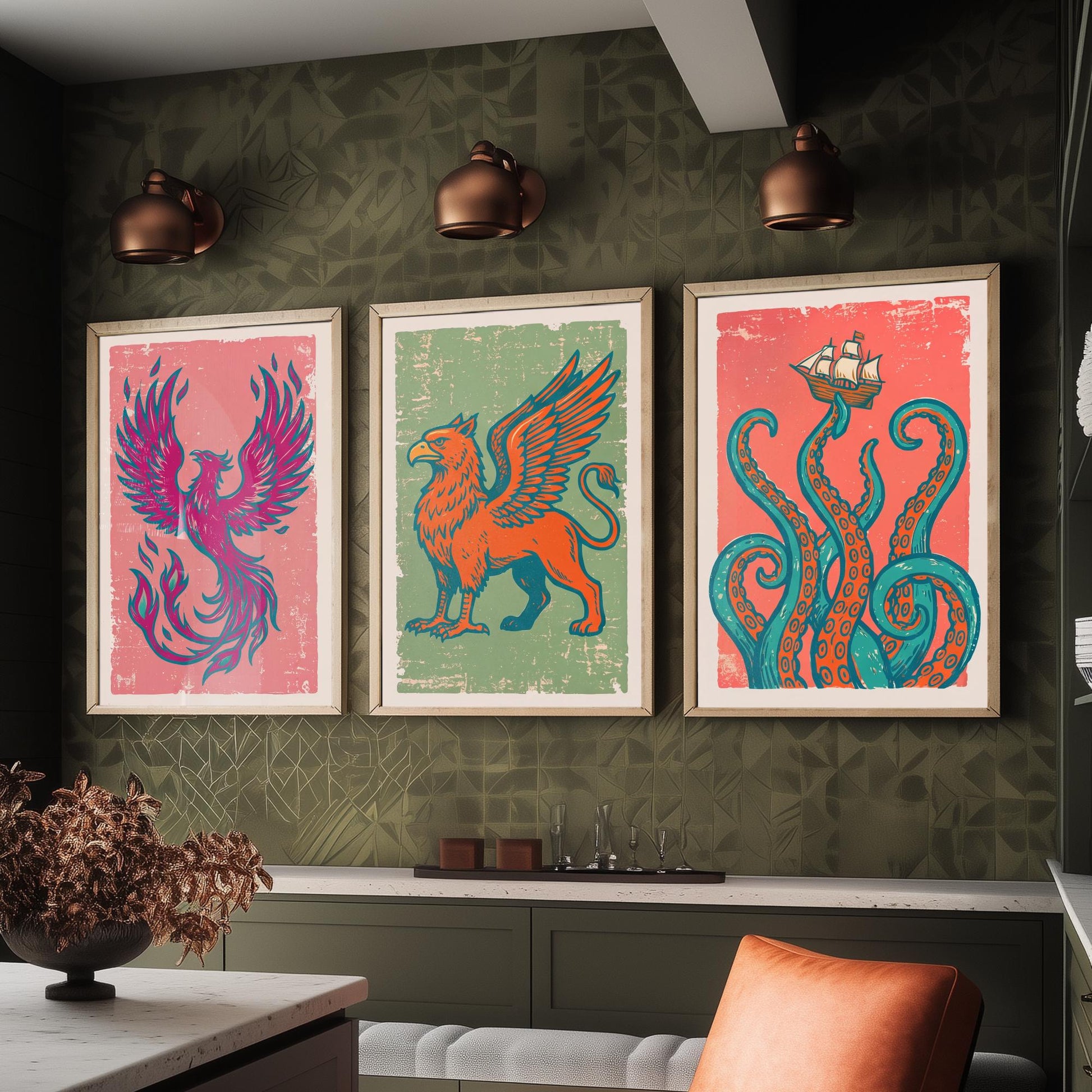 Set of Three Phoenix, Griffin and Kraken Art Prints - Mythical Creatures Linocut Illustrations - Legendary Beast Posters V2