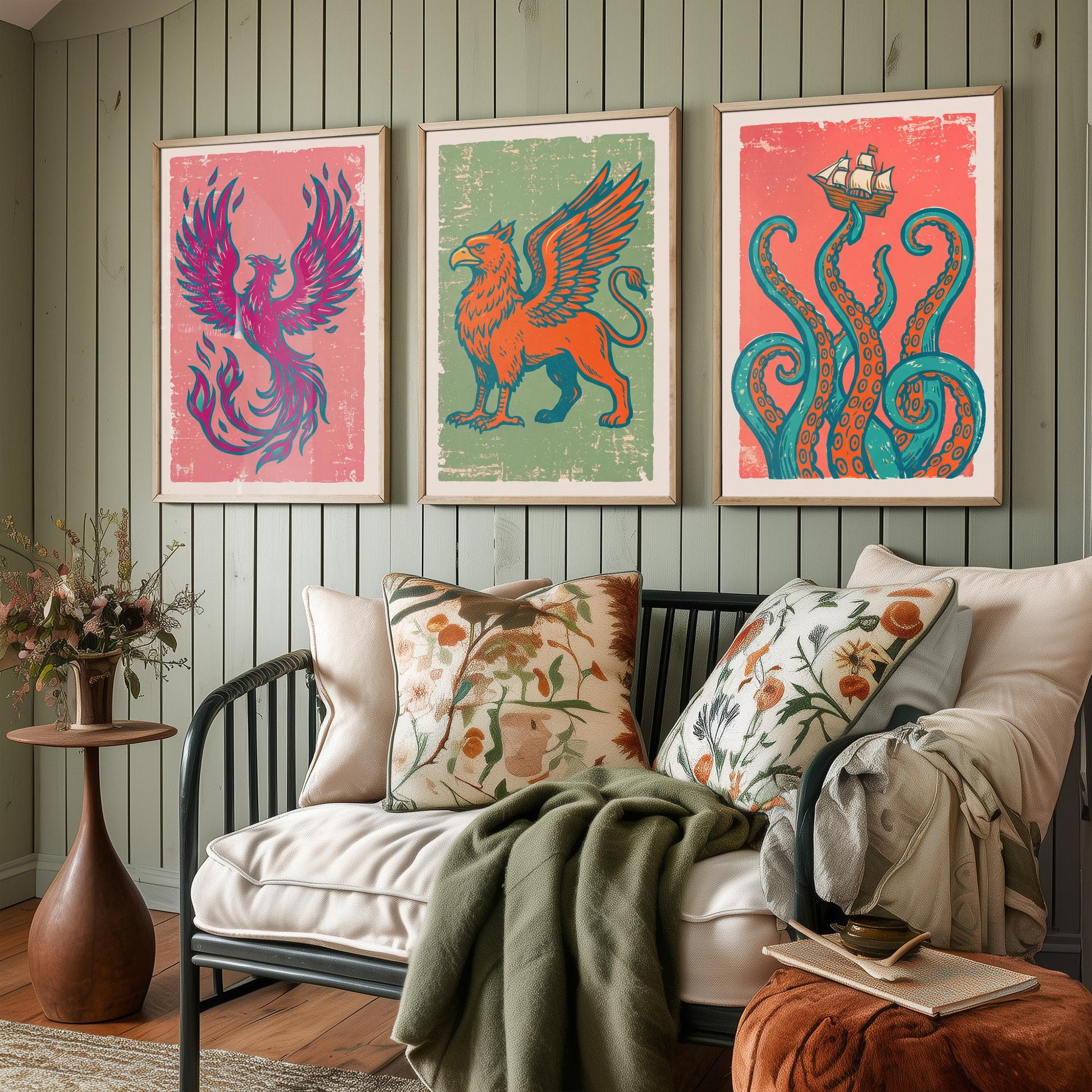 Set of Three Phoenix, Griffin and Kraken Art Prints - Mythical Creatures Linocut Illustrations - Legendary Beast Posters V2