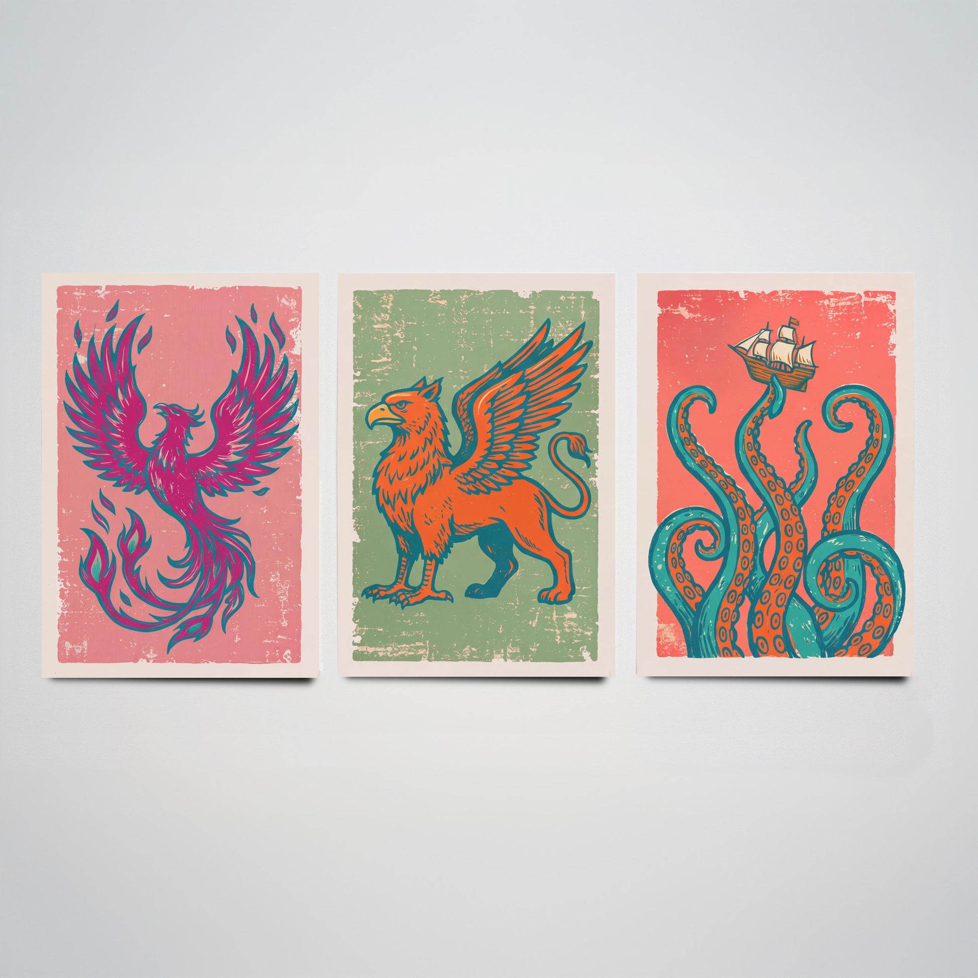 Set of Three Phoenix, Griffin and Kraken Art Prints - Mythical Creatures Linocut Illustrations - Legendary Beast Posters V2