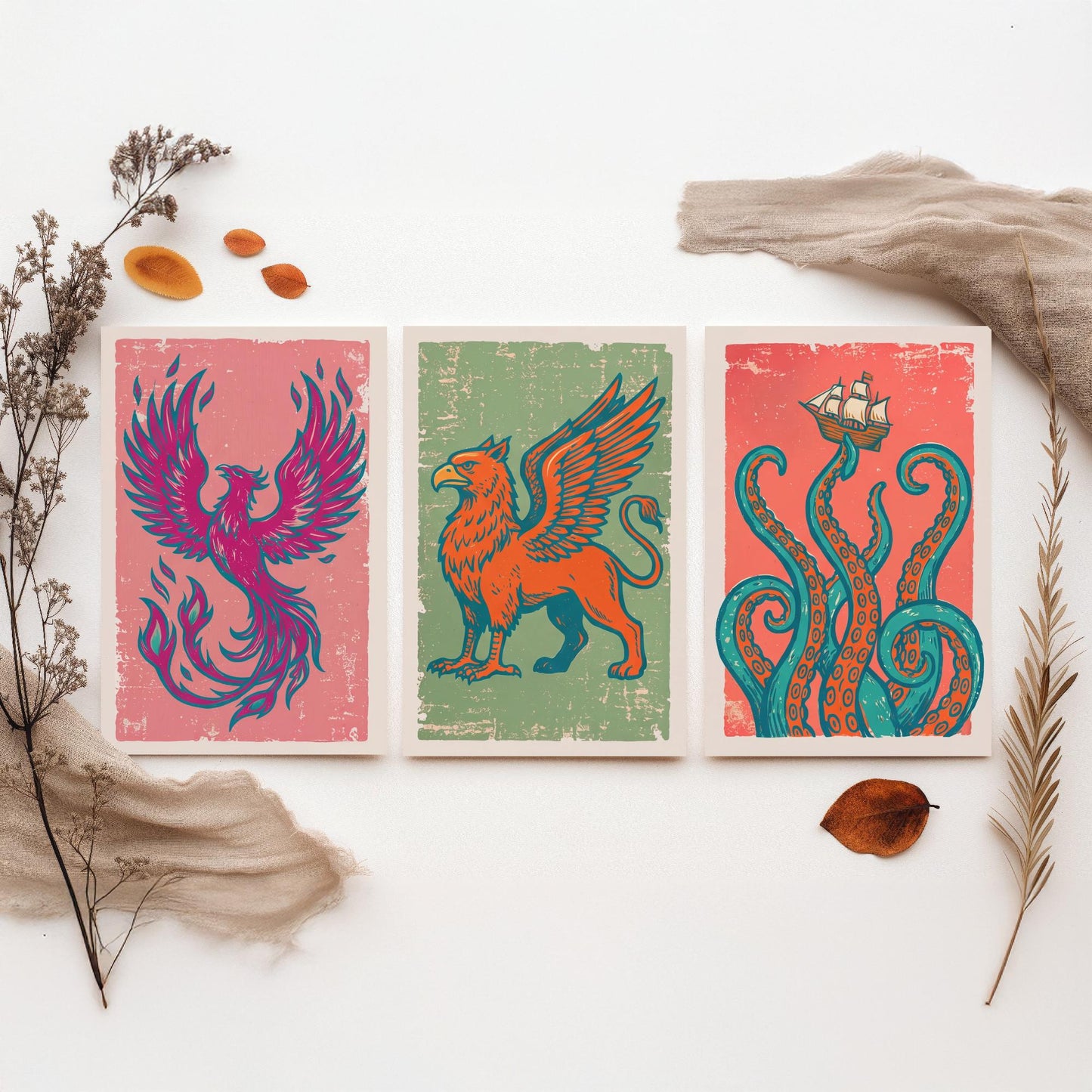 Set of Three Phoenix, Griffin and Kraken Art Prints - Mythical Creatures Linocut Illustrations - Legendary Beast Posters V2