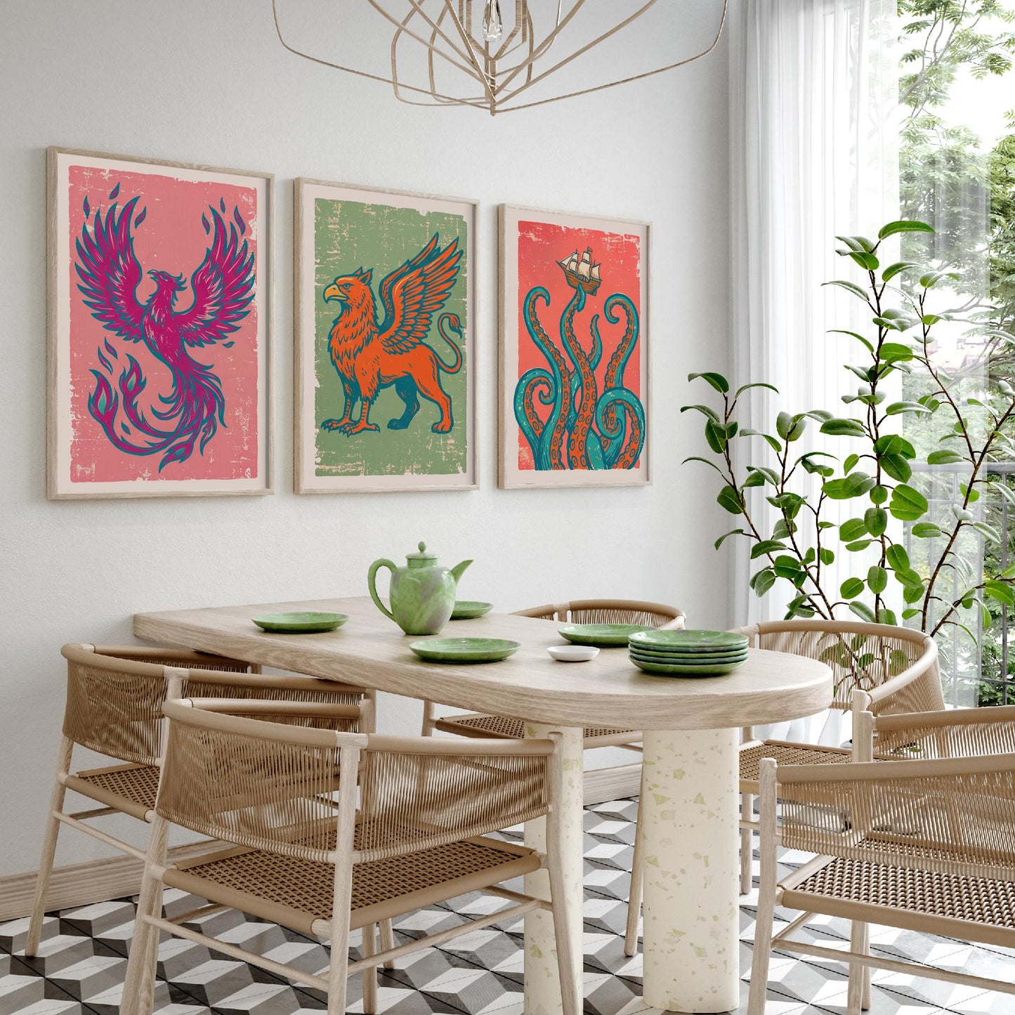Set of Three Phoenix, Griffin and Kraken Art Prints - Mythical Creatures Linocut Illustrations - Legendary Beast Posters V2