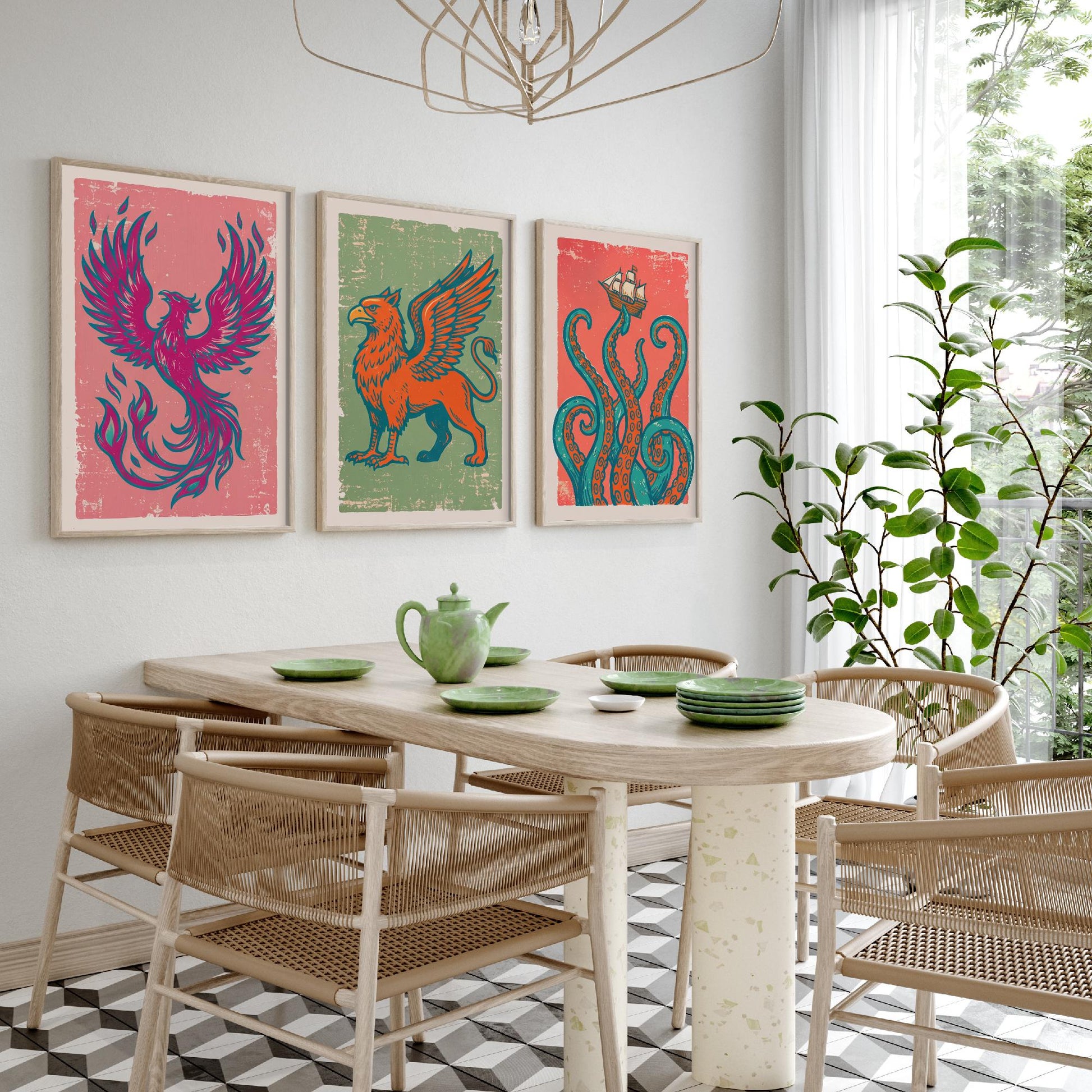Set of Three Phoenix, Griffin and Kraken Art Prints - Mythical Creatures Linocut Illustrations - Legendary Beast Posters V2