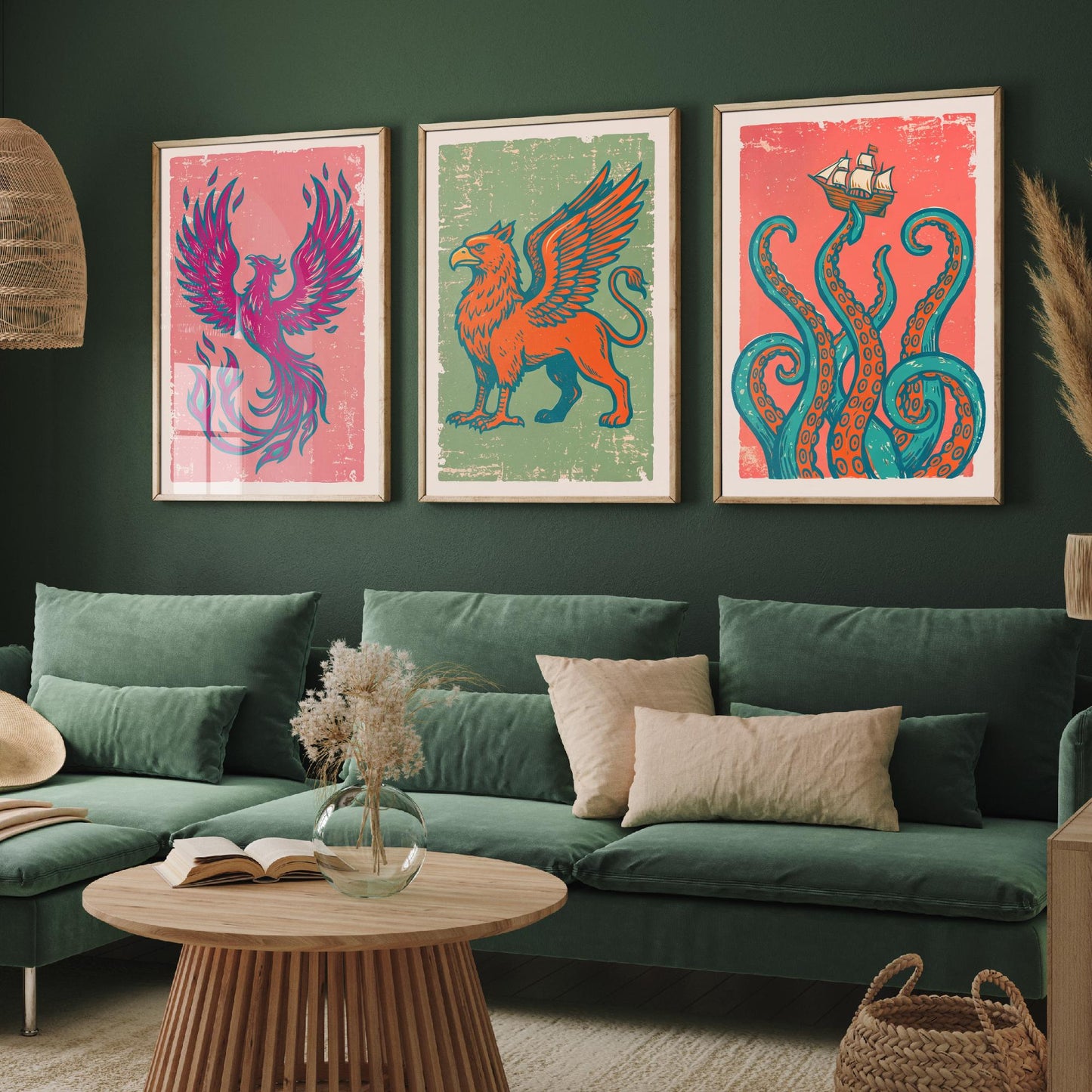 Set of Three Phoenix, Griffin and Kraken Art Prints - Mythical Creatures Linocut Illustrations - Legendary Beast Posters V2