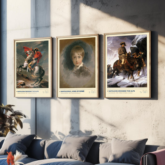 Napoleon Set of Three Art Prints - Crossing the Alps by David and Delaroche, Napoleon II King of Rome - Painting Posters
