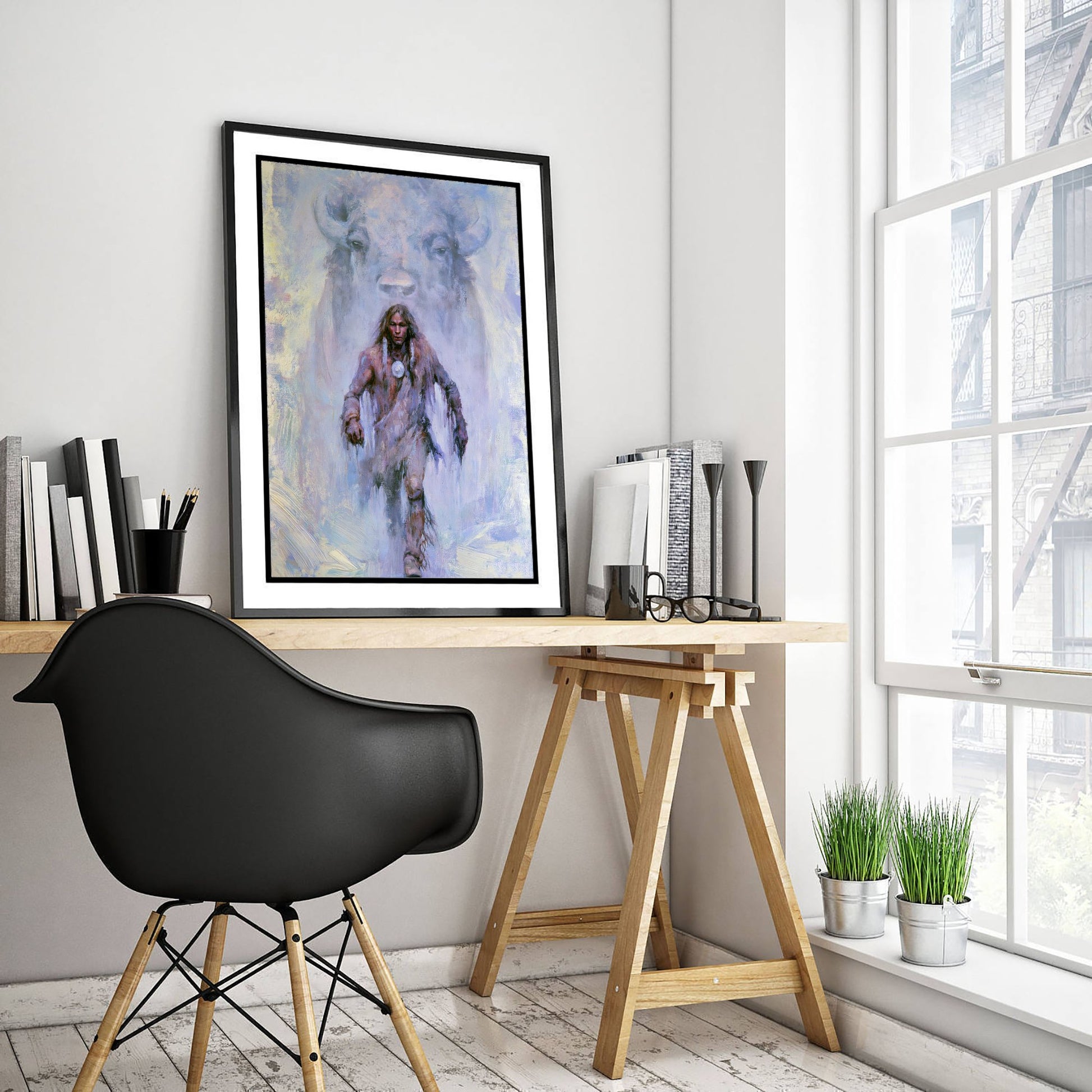 Native American Warrior Art Print - Spirit Bison Painting - Buffalo Poster