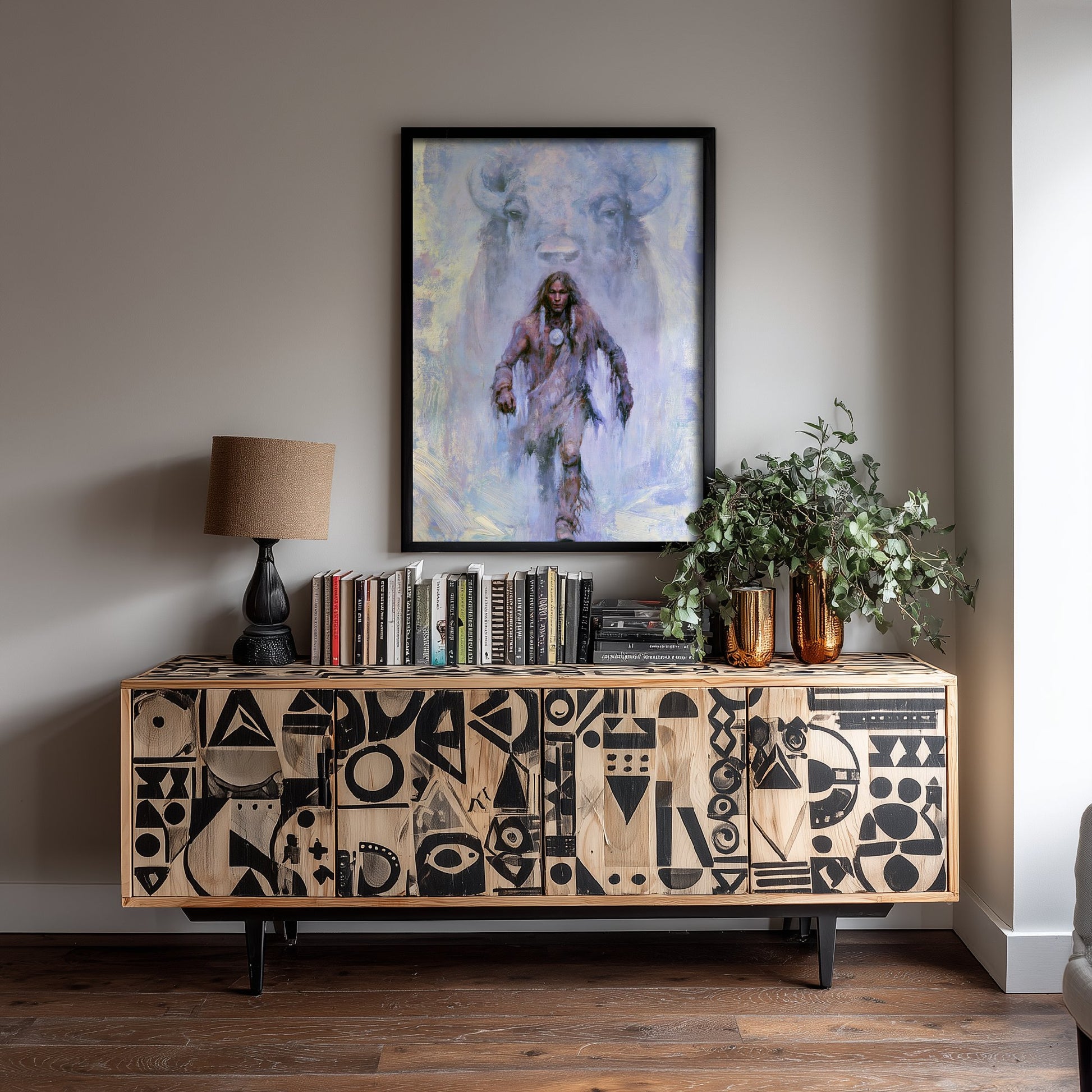 Native American Warrior Art Print - Spirit Bison Painting - Buffalo Poster