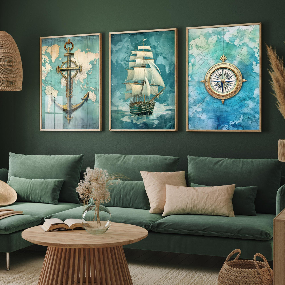 Nautical Set of Three Art Prints - Anchor, Tall Ship and Compass - Vintage Map Watercolour Poster