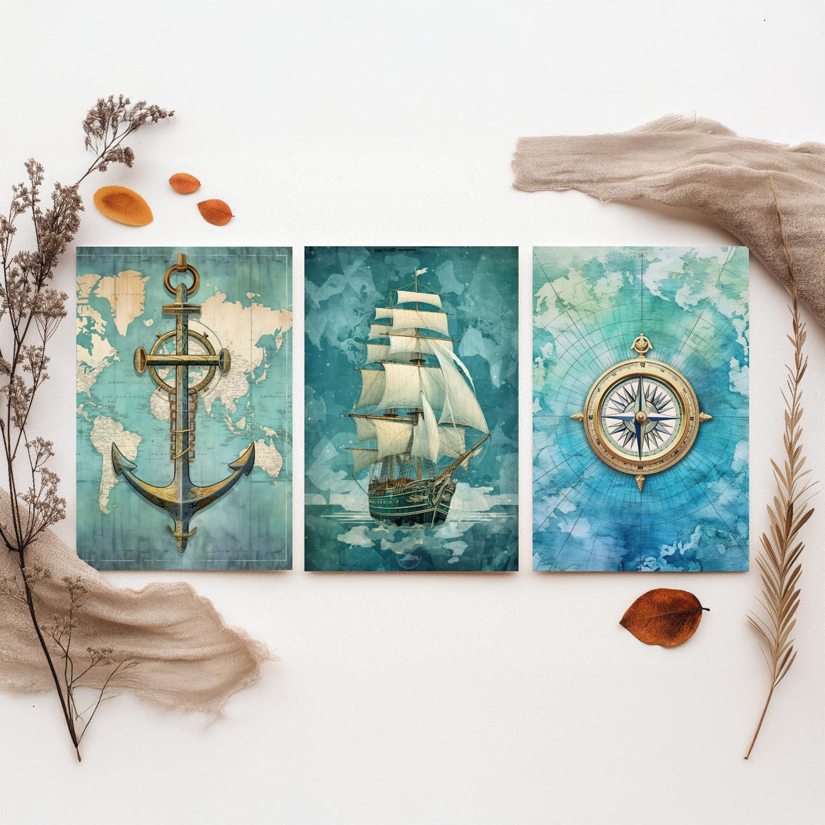 Nautical Set of Three Art Prints - Anchor, Tall Ship and Compass - Vintage Map Watercolour Poster