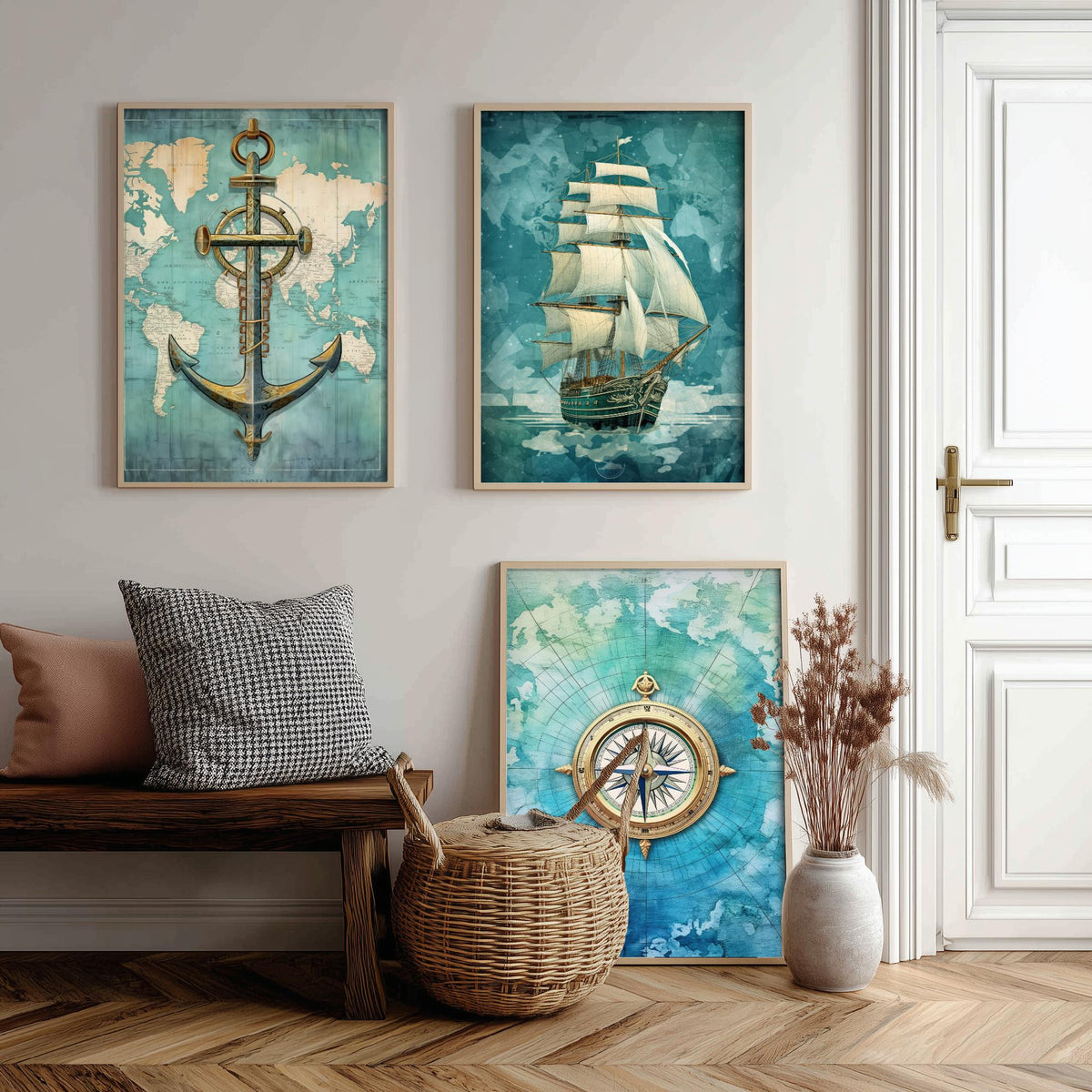 Nautical Set of Three Art Prints - Anchor, Tall Ship and Compass - Vintage Map Watercolour Poster
