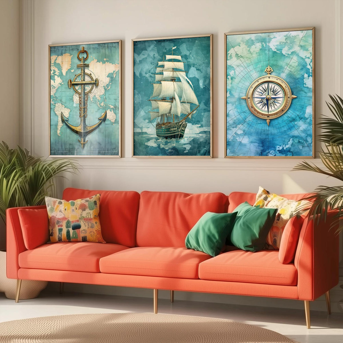Nautical Set of Three Art Prints - Anchor, Tall Ship and Compass - Vintage Map Watercolour Poster