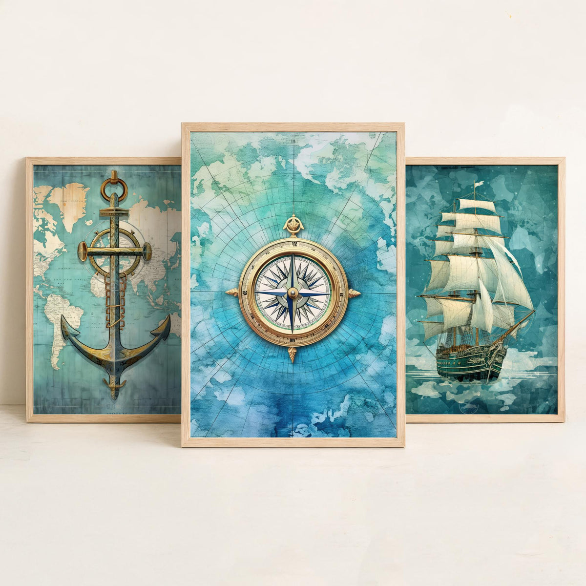 Nautical Set of Three Art Prints - Anchor, Tall Ship and Compass - Vintage Map Watercolour Poster