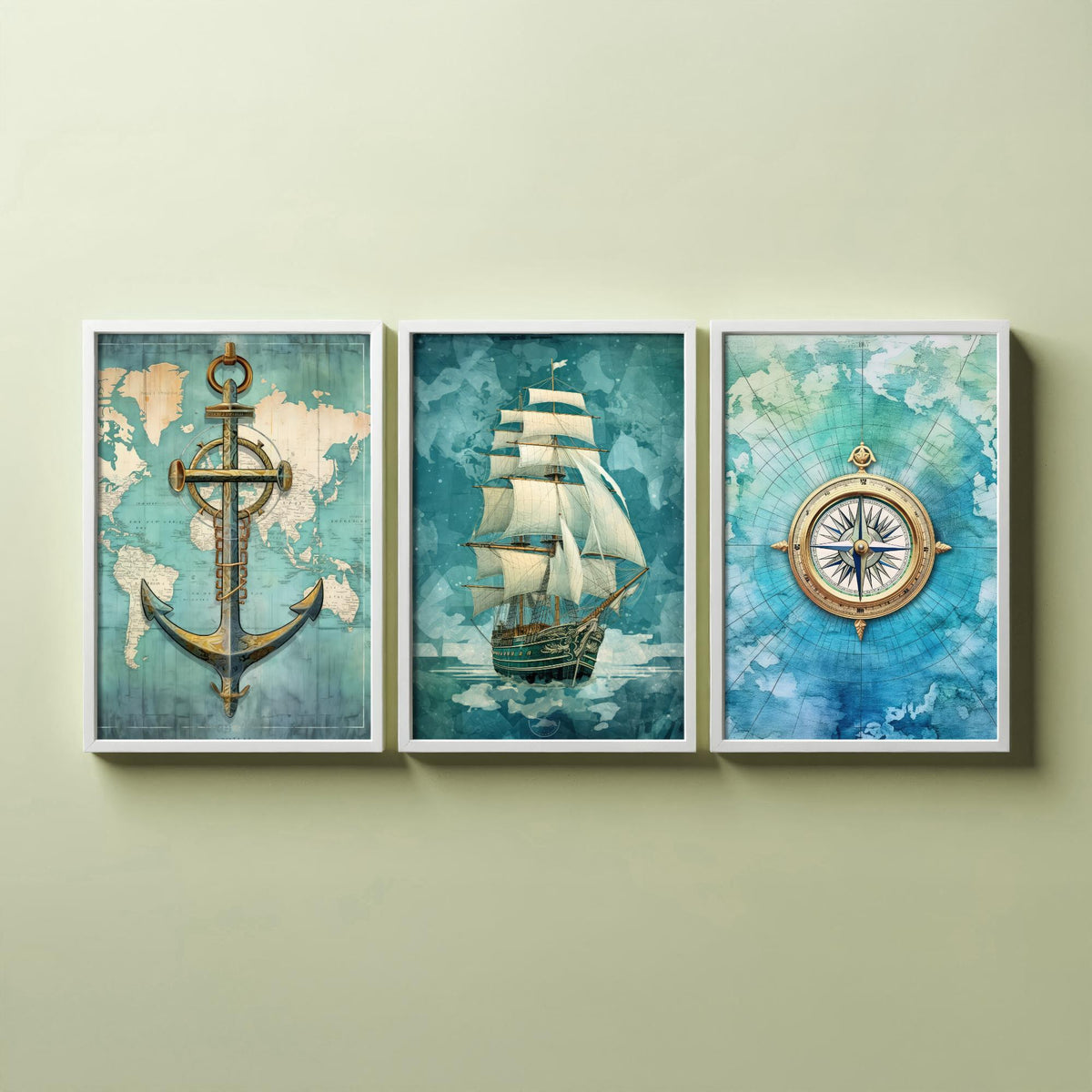 Nautical Set of Three Art Prints - Anchor, Tall Ship and Compass - Vintage Map Watercolour Poster