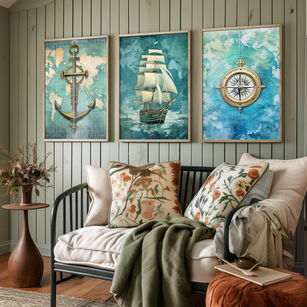 Nautical Set of Three Art Prints - Anchor, Tall Ship and Compass - Vintage Map Watercolour Poster