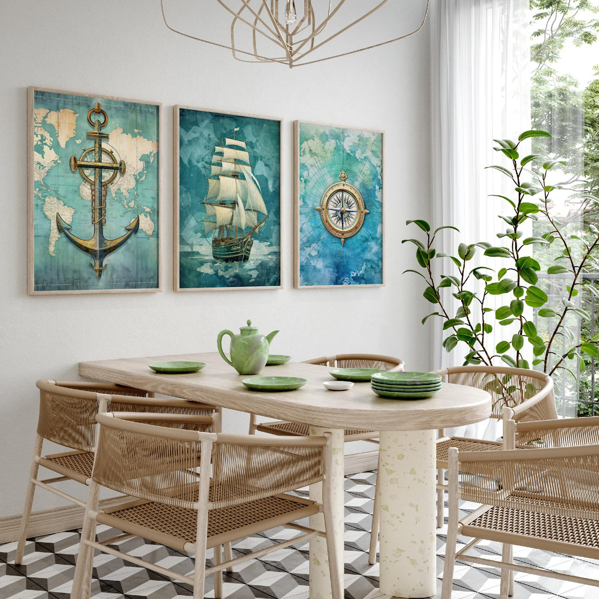 Nautical Set of Three Art Prints - Anchor, Tall Ship and Compass - Vintage Map Watercolour Poster