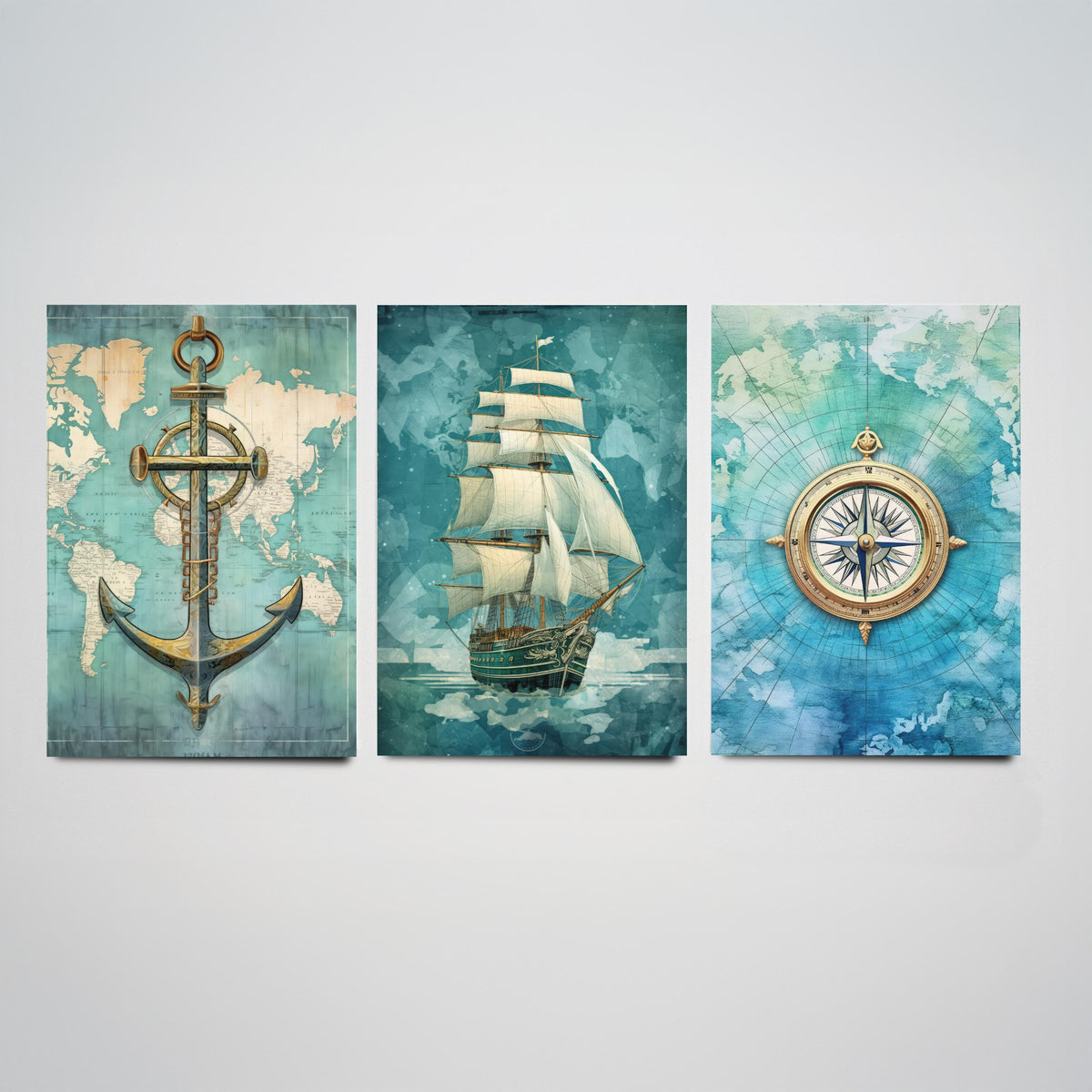 Nautical Set of Three Art Prints - Anchor, Tall Ship and Compass - Vintage Map Watercolour Poster