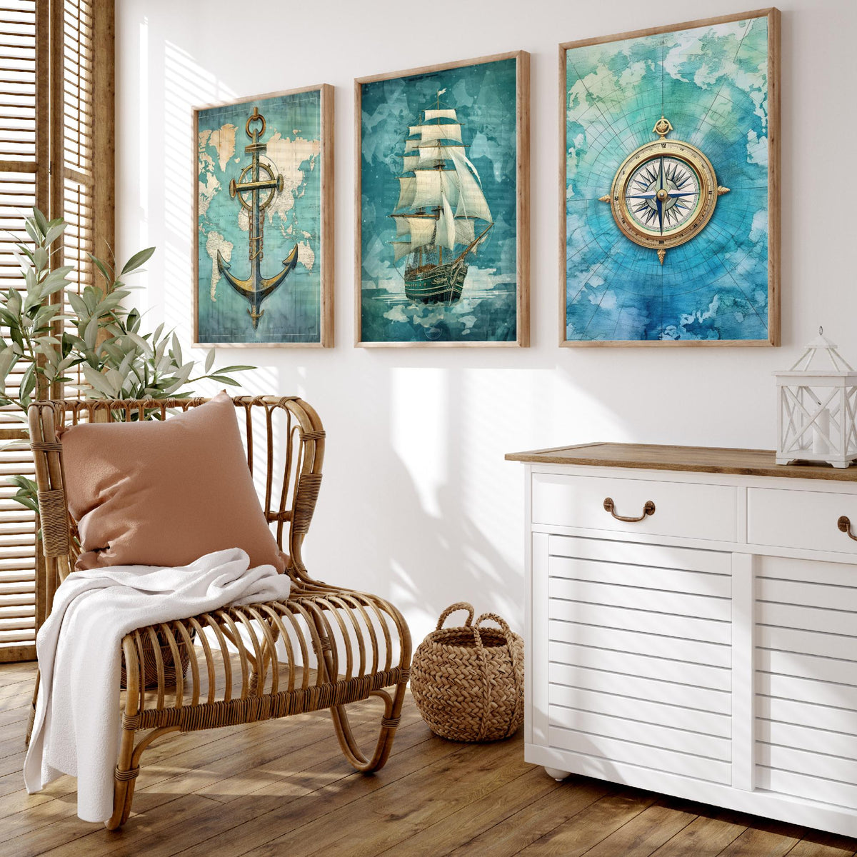 Nautical Set of Three Art Prints - Anchor, Tall Ship and Compass - Vintage Map Watercolour Poster