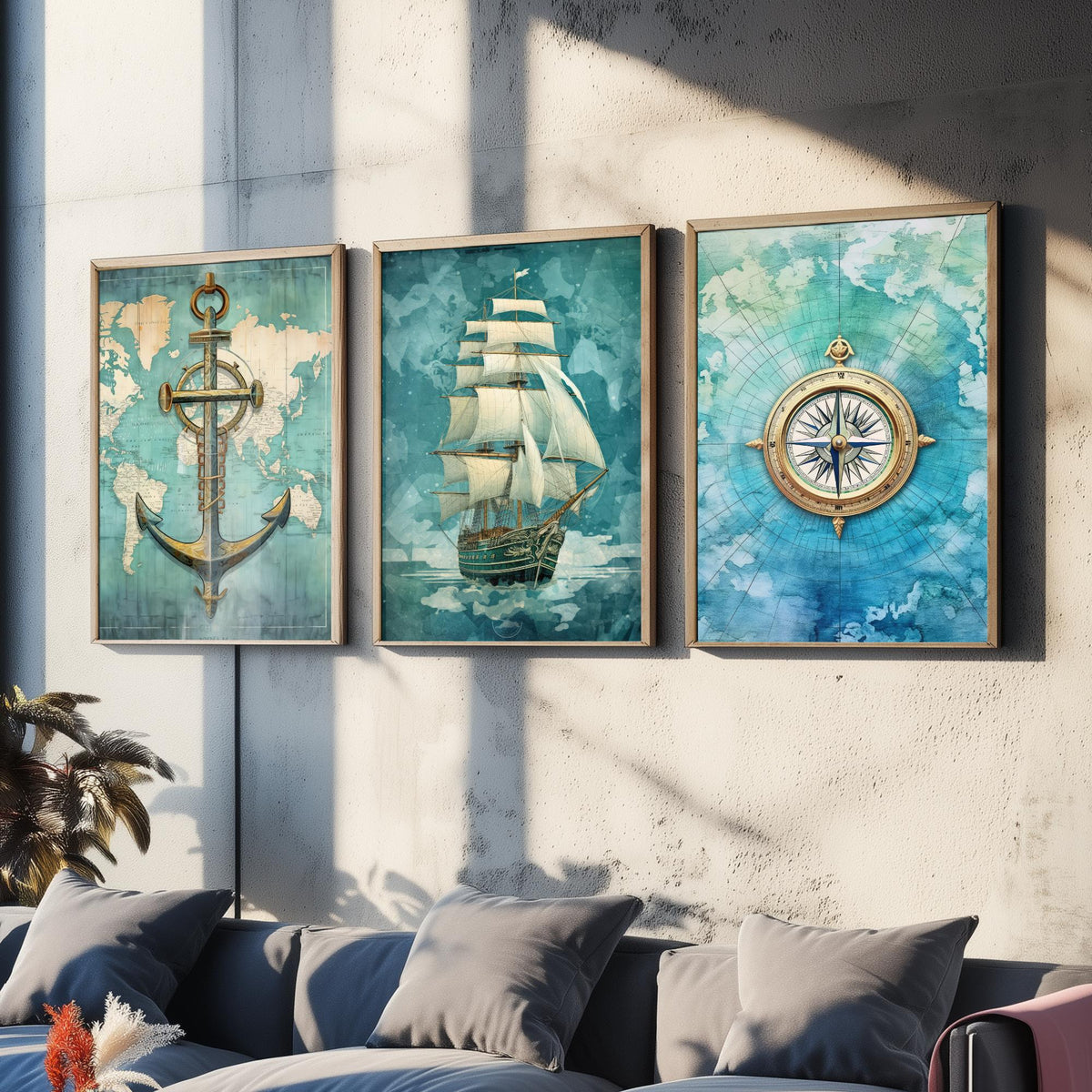 Nautical Set of Three Art Prints - Anchor, Tall Ship and Compass - Vintage Map Watercolour Poster