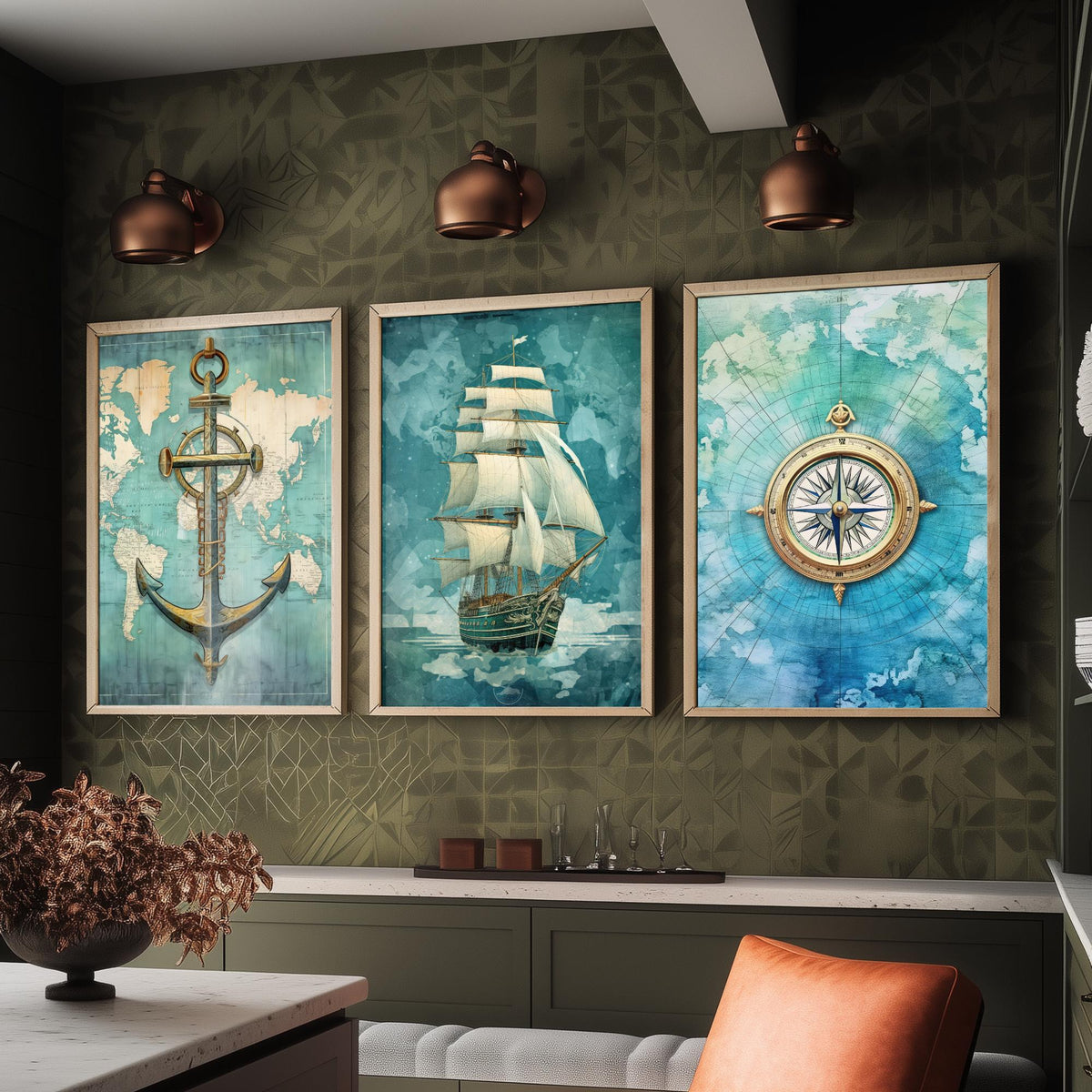 Nautical Set of Three Art Prints - Anchor, Tall Ship and Compass - Vintage Map Watercolour Poster
