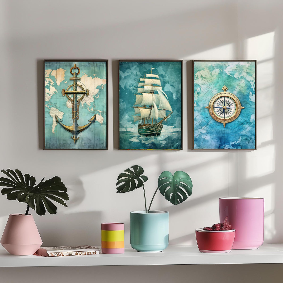 Nautical Set of Three Art Prints - Anchor, Tall Ship and Compass - Vintage Map Watercolour Poster