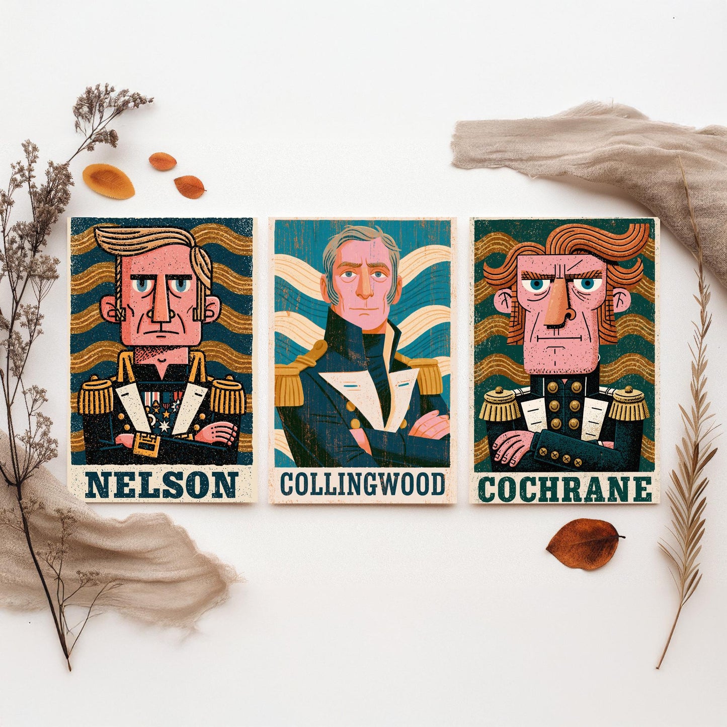 Naval Commanders Set of Three Art Prints - Nelson, Collingwood, Cochrane - Navy History Poster Wall Art Gift Illustration
